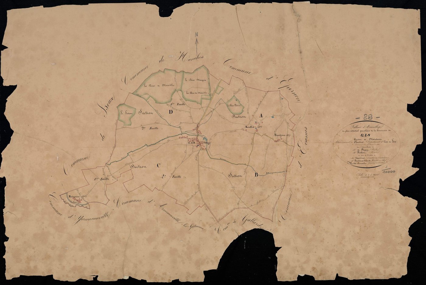 Tableau d'assemblage du plan cadastral parcellaire de la commune de Gas, Canton de Maintenon, Arrondissement de Chartres / Terminé sur le terrain en 1833 (...) par Monsieur Démoulin, Géomètre de 1ère classe.