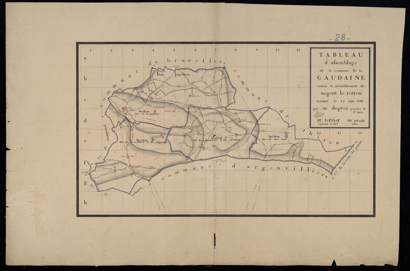 Tableau d'assemblage du plan cadastral parcellaire de la commune de La Gaudaine, Canton et Arrondissement de Nogent-le-Rotrou / Terminé sur le terrain le 12 juin 1811 (...) par Monsieur Degrez, Géomètre de 1ère classe.