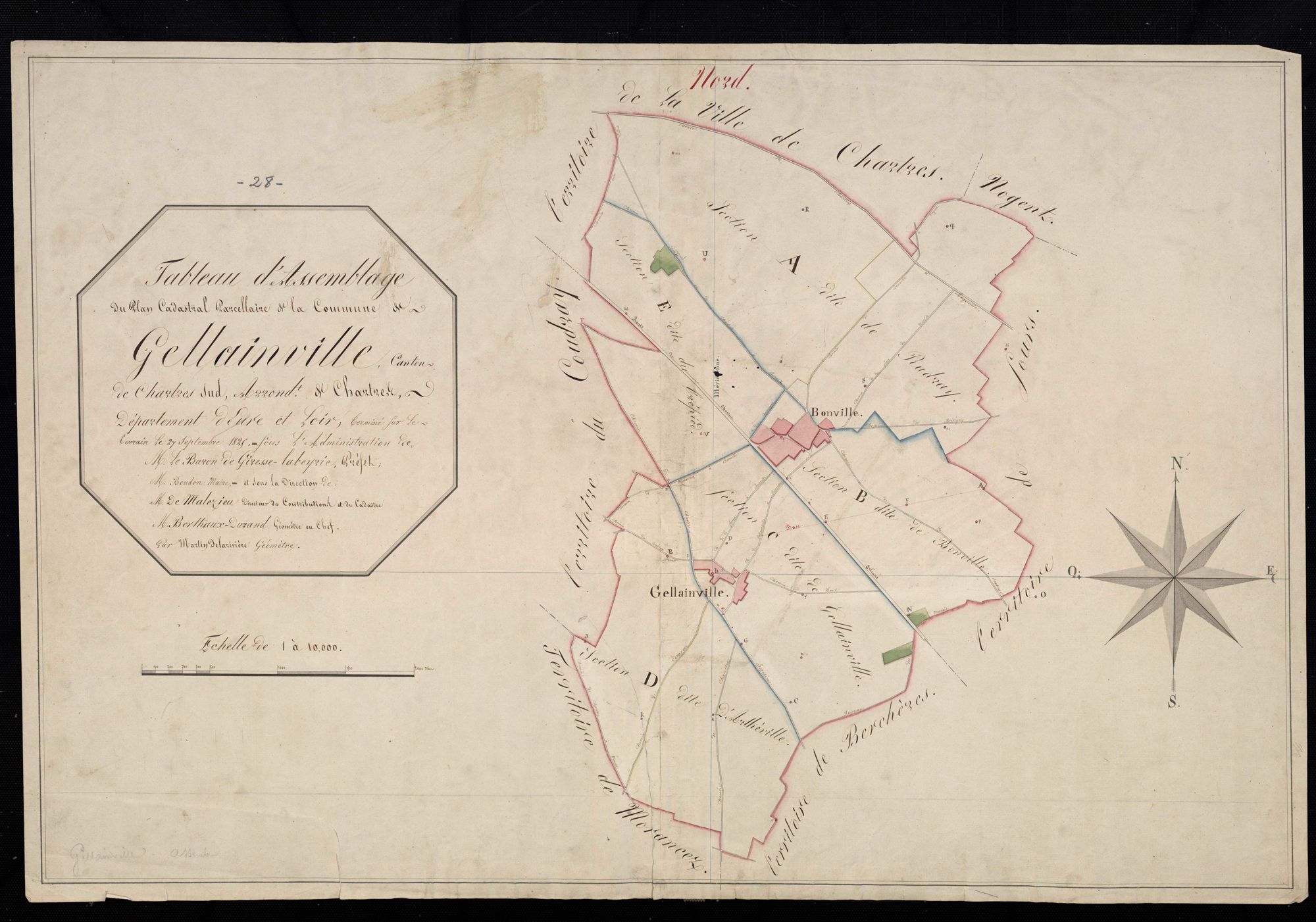 Tableau d'assemblage du plan cadastral parcellaire de la commune de Gellainville, Canton de Chartres-Sud, Arrondissement de Chartres / Terminé sur le terrain le 27 septembre 1825 (...) par Monsieur Delarivière, Géomètre.