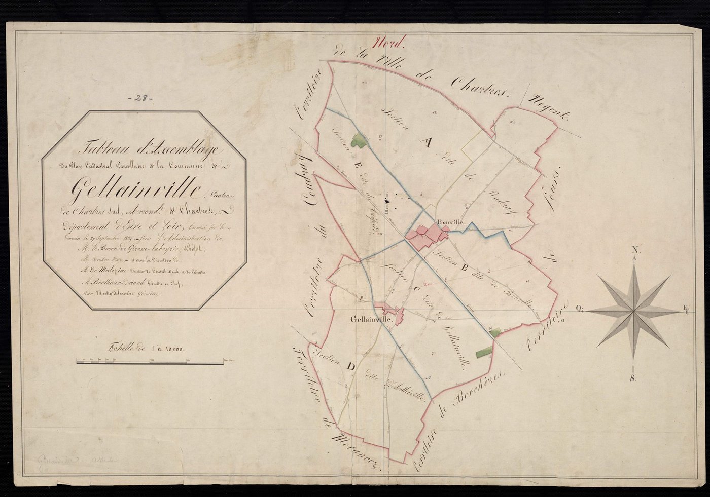 Tableau d'assemblage du plan cadastral parcellaire de la commune de Gellainville, Canton de Chartres-Sud, Arrondissement de Chartres / Terminé sur le terrain le 27 septembre 1825 (...) par Monsieur Delarivière, Géomètre.