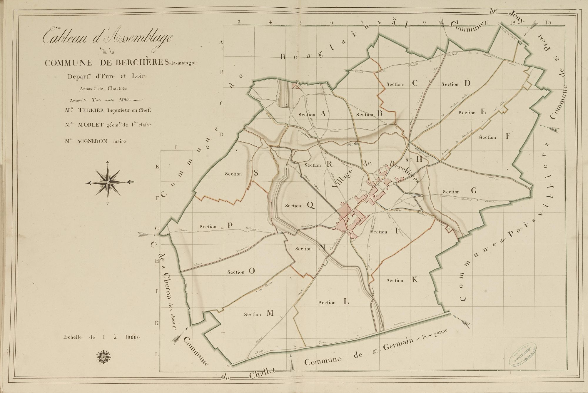 Tableau d'assemblage du plan parcellaire de la commune de Berchères-la-Maingot, Canton de Chartres, Arrondissement de Chartres / Terminé sur le terrain le 30 octobre 1809 (...) par Monsieur Morlet, Géomètre de 1ère classe.