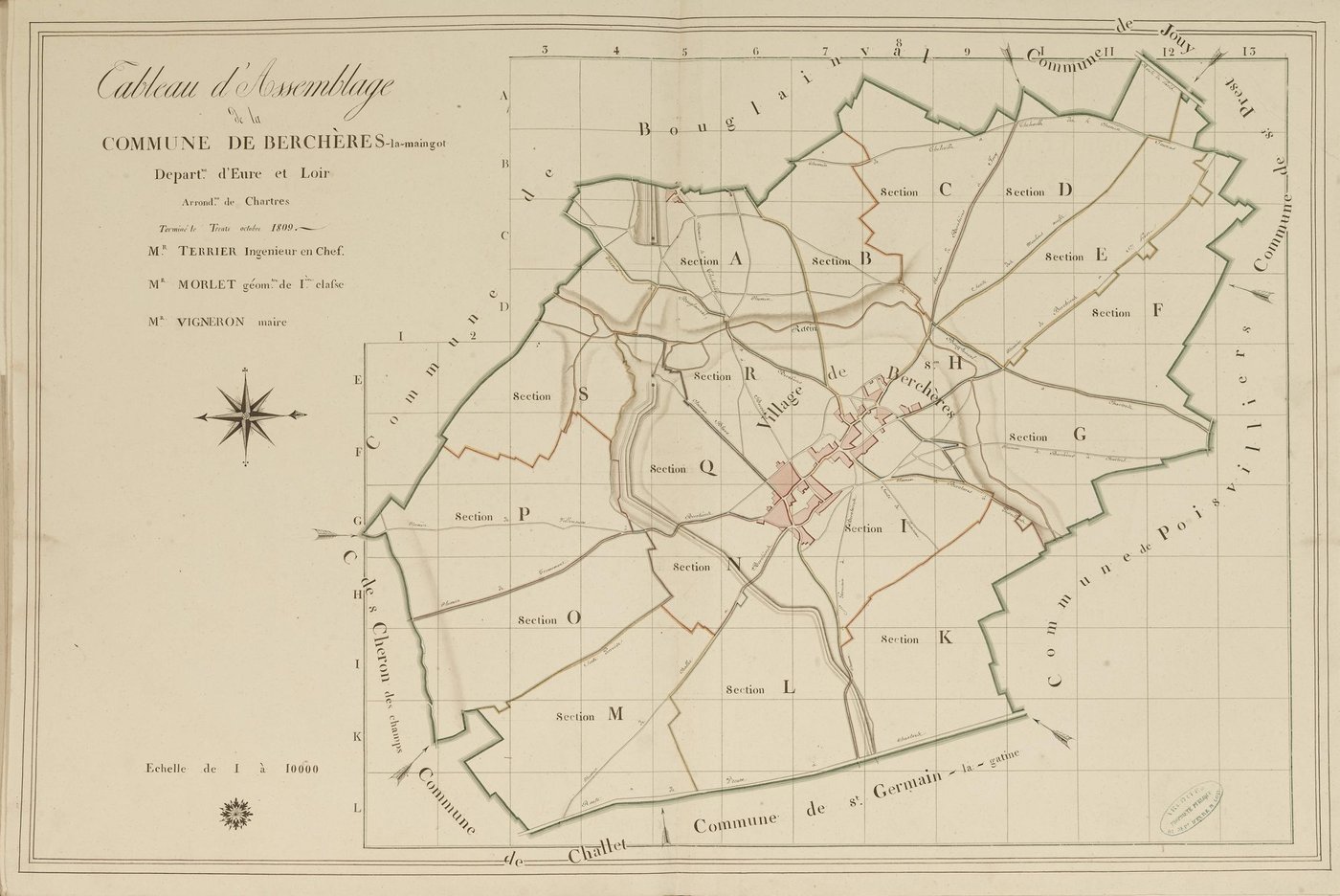 Tableau d'assemblage du plan parcellaire de la commune de Berchères-la-Maingot, Canton de Chartres, Arrondissement de Chartres / Terminé sur le terrain le 30 octobre 1809 (...) par Monsieur Morlet, Géomètre de 1ère classe.