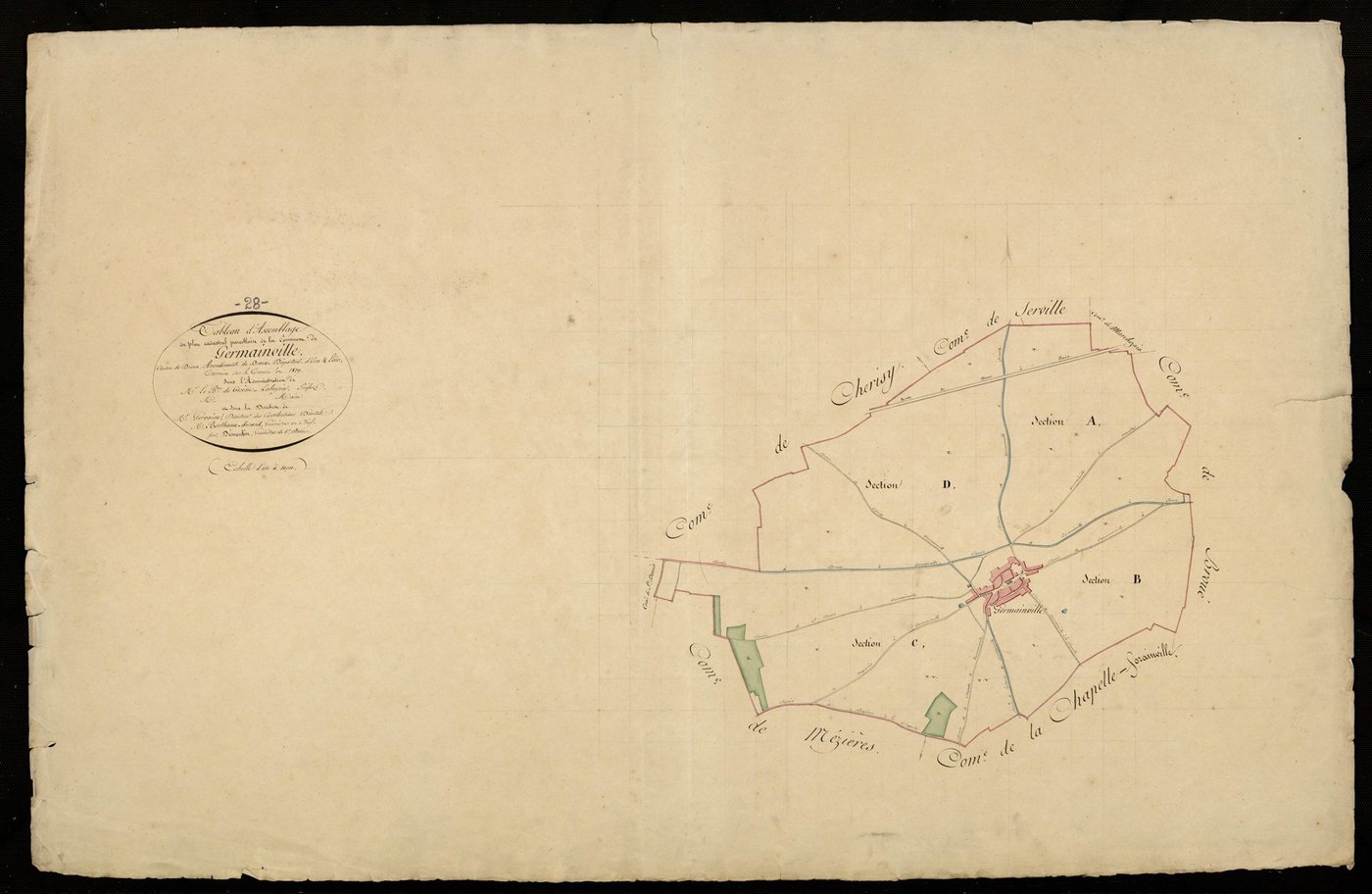 Tableau d'assemblage du plan cadastral parcellaire de la commune de Germainville, Canton de Dreux, Arrondissement de Dreux / Terminé sur le terrain en 1829 (...) par Monsieur Démoulin, Géomètre de 1ère classe.