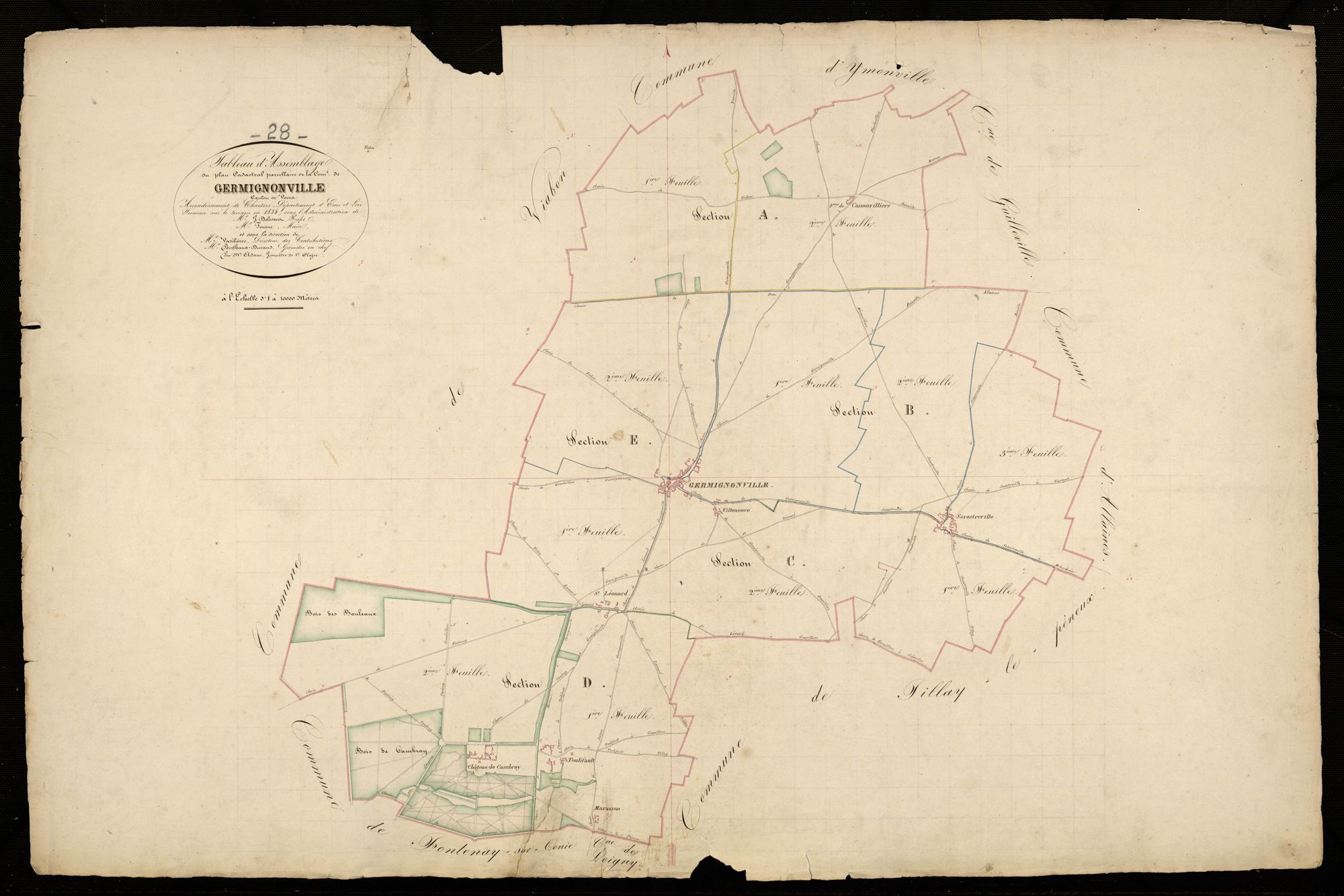 Tableau d'assemblage du plan cadastral parcellaire de la commune de Germignonville, Canton de Voves, Arrondissement de Chartres / Terminé sur le terrain en 1835 (...) par Monsieur Adam, Géomètre de 1ère classe.