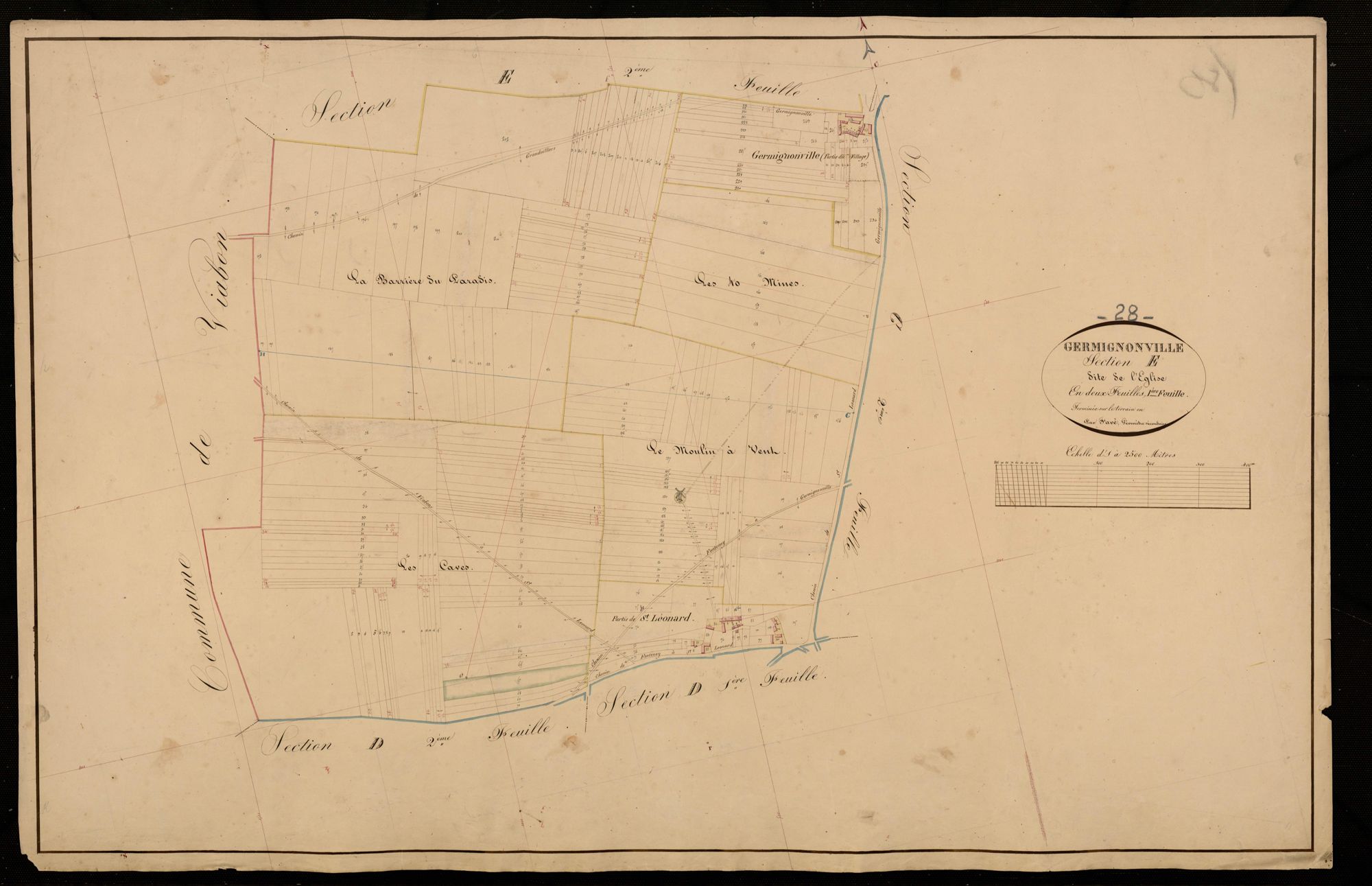 Section E, l'Eglise, feuille 1 / Terminée sur le terrain par Monsieur Favé, Géomètre secondaire.