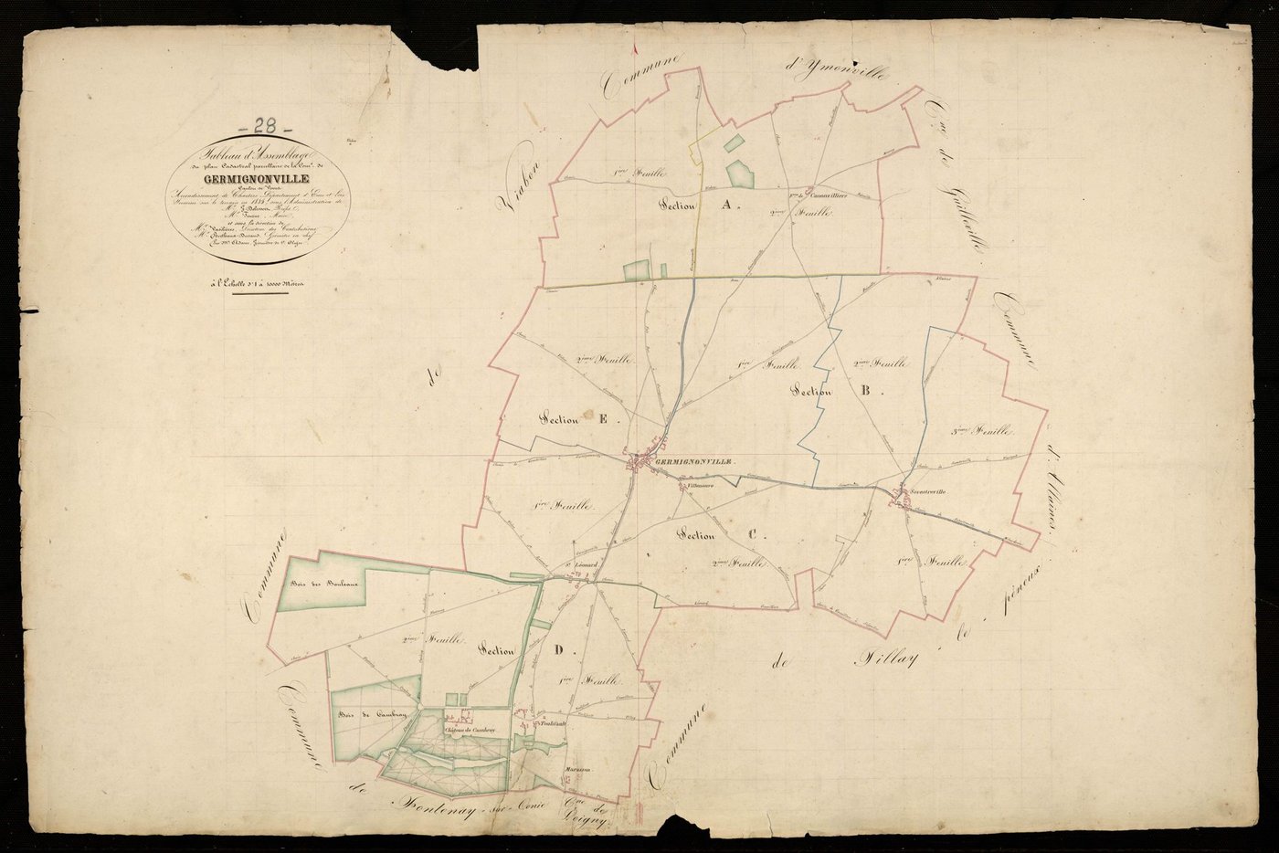 Tableau d'assemblage du plan cadastral parcellaire de la commune de Germignonville, Canton de Voves, Arrondissement de Chartres / Terminé sur le terrain en 1835 (...) par Monsieur Adam, Géomètre de 1ère classe.