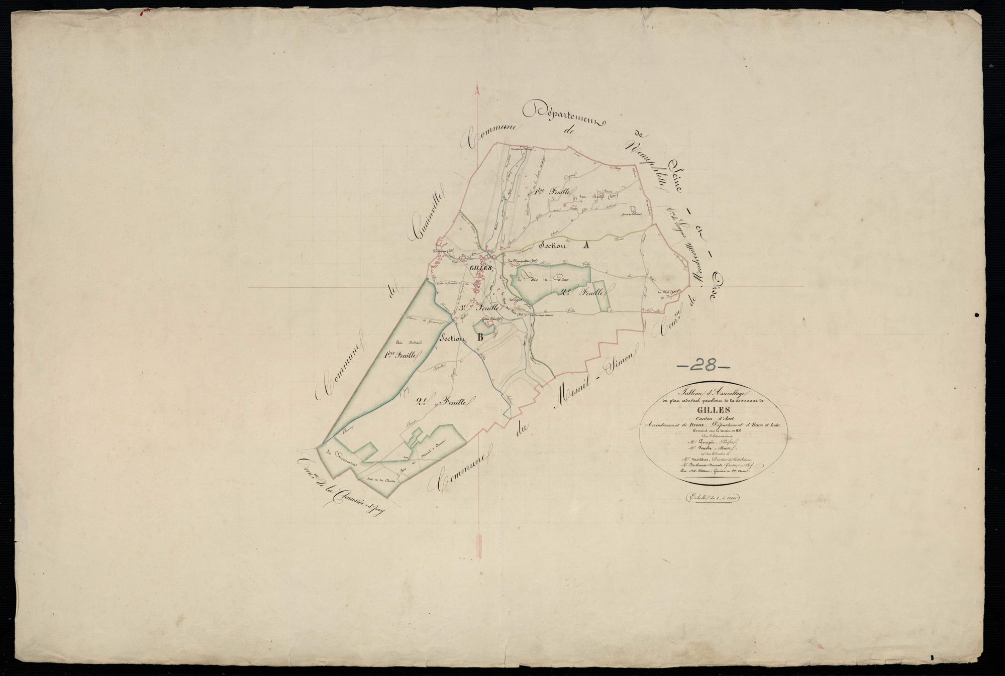 Tableau d'assemblage du plan cadastral parcellaire de la commune de Gilles, Canton d'Anet, Arrondissement de Dreux / Terminé sur le terrain en 1833 (...) par Monsieur Adam, Géomètre de 1ère classe.