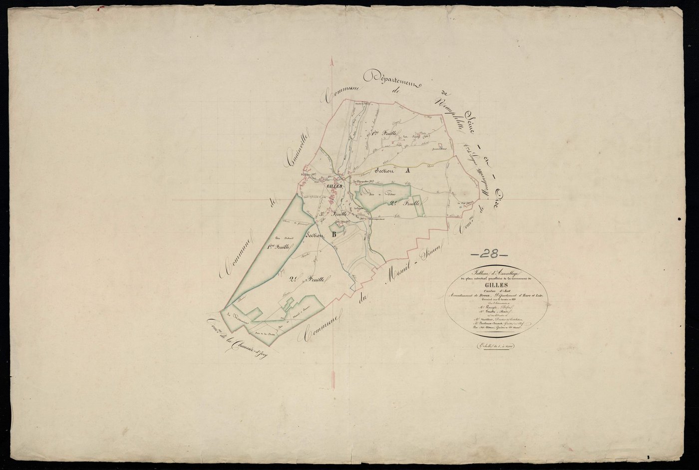 Tableau d'assemblage du plan cadastral parcellaire de la commune de Gilles, Canton d'Anet, Arrondissement de Dreux / Terminé sur le terrain en 1833 (...) par Monsieur Adam, Géomètre de 1ère classe.