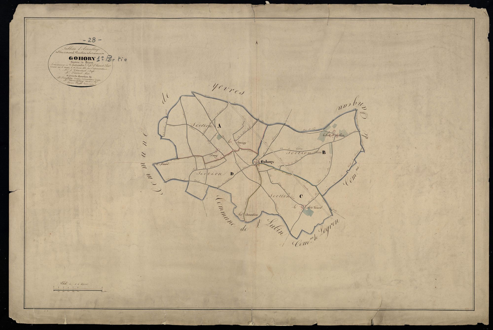 Tableau d'assemblage du plan cadastral parcellaire de la commune de Gohory, Canton de Brou, Arrondissement de Châteaudun, feuille 1 / Terminé sur le terrain en février 1823 (...) par Monsieur Moufle, Géomètre du cadastre.