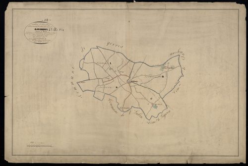 Tableau d'assemblage du plan cadastral parcellaire de la commune de Gohory, Canton de Brou, Arrondissement de Châteaudun, feuille 1 / Terminé sur le terrain en février 1823 (...) par Monsieur Moufle, Géomètre du cadastre.