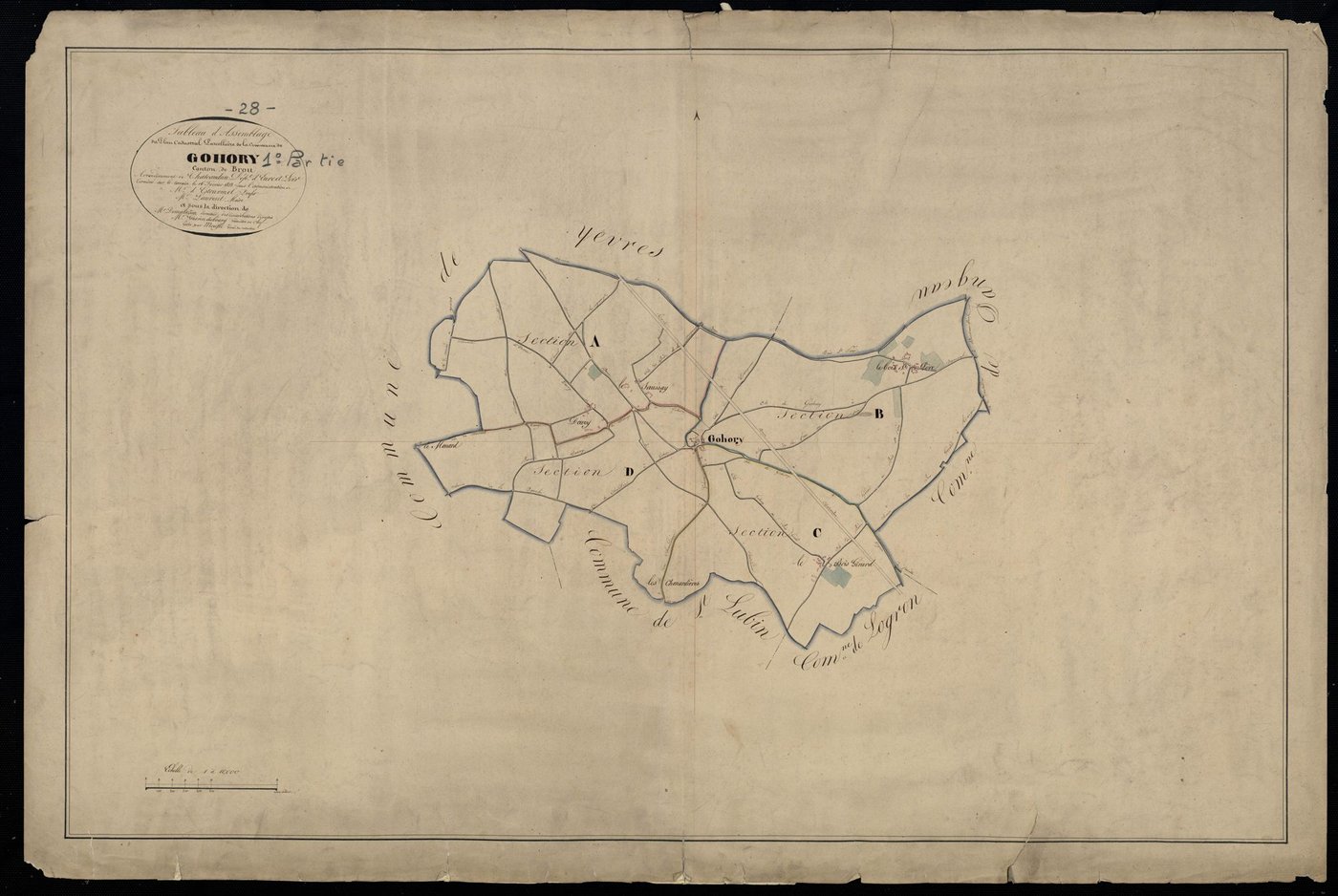 Tableau d'assemblage du plan cadastral parcellaire de la commune de Gohory, Canton de Brou, Arrondissement de Châteaudun, feuille 1 / Terminé sur le terrain en février 1823 (...) par Monsieur Moufle, Géomètre du cadastre.