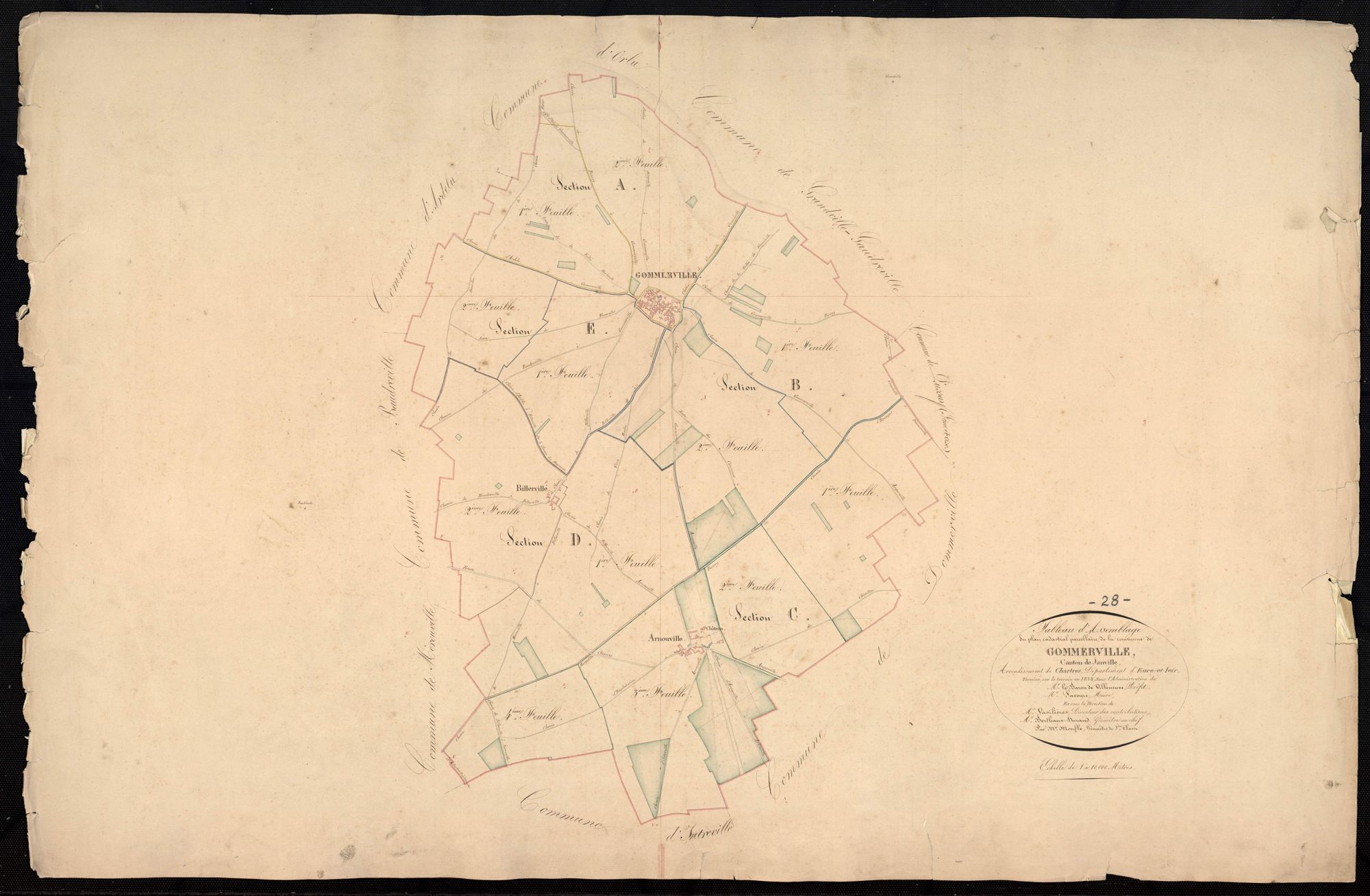 Tableau d'assemblage du plan cadastral parcellaire de la commune de Gommerville, Canton de Janville, Arrondissement de Chartres / Terminé sur le terrain en 1838 (...) par Monsieur Moufle, Géomètre de 1ère classe.