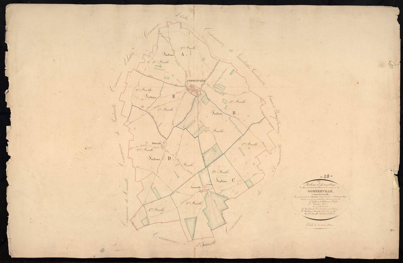 Tableau d'assemblage du plan cadastral parcellaire de la commune de Gommerville, Canton de Janville, Arrondissement de Chartres / Terminé sur le terrain en 1838 (...) par Monsieur Moufle, Géomètre de 1ère classe.