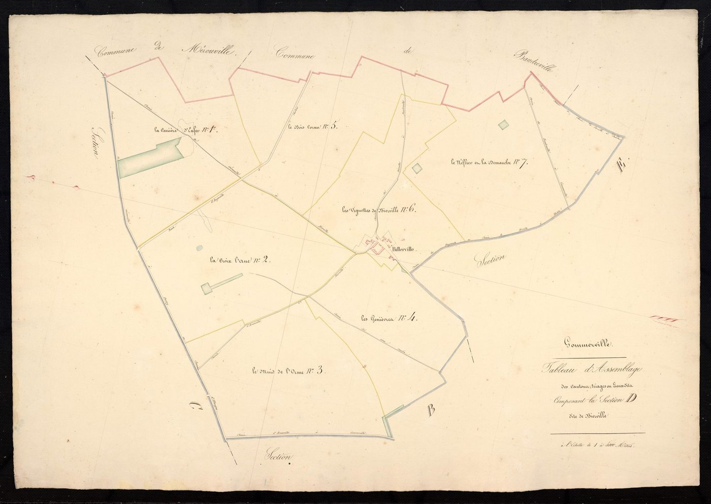 Tableau d'assemblage des cantons, triages ou lieux-dits composant la section D, Bierville.
