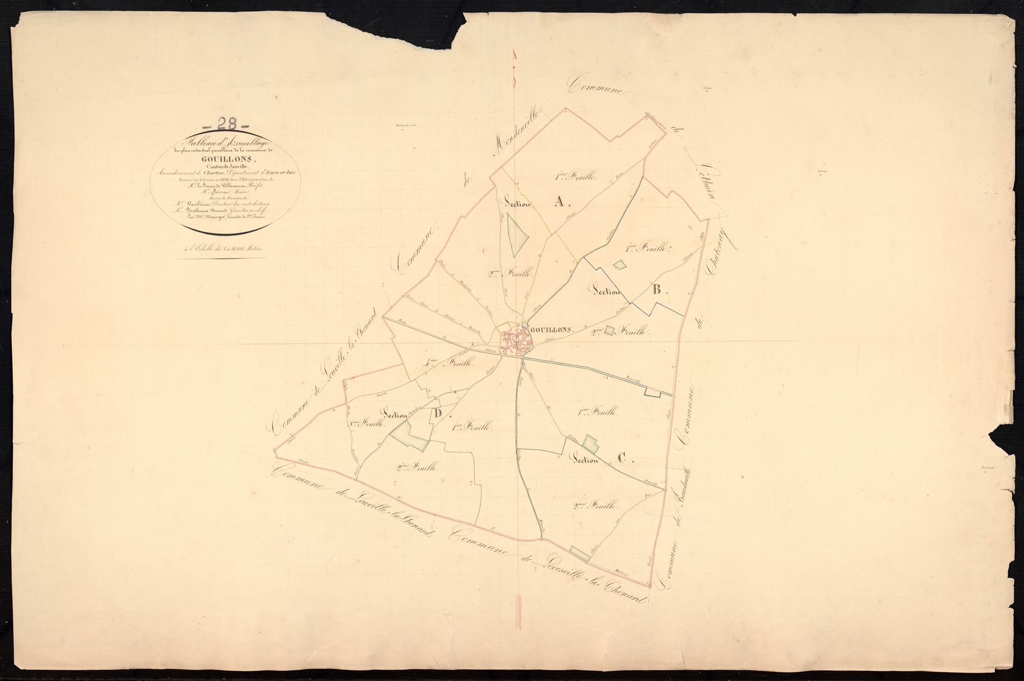 Tableau d'assemblage du plan cadastral parcellaire de la commune de Gouillons, Canton de Janville, Arrondissement de Chartres / Terminé sur le terrain en 1838 (...) par Monsieur Mauger, Géomètre de 1ère classe.