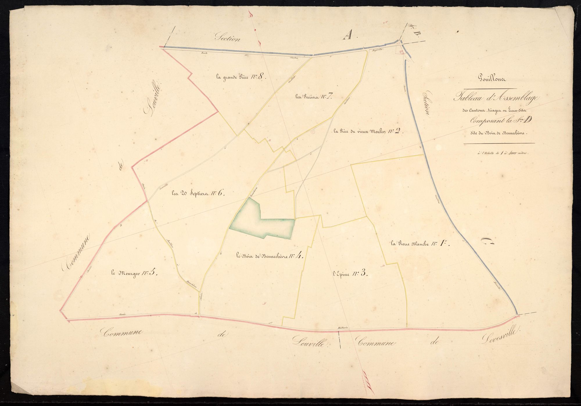 Tableau d'assemblage des cantons, triages ou lieux-dits composant la section D, le Bois de Bennechèvre.