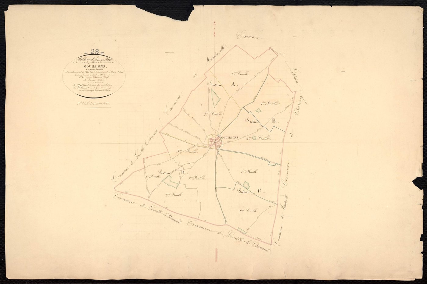 Tableau d'assemblage du plan cadastral parcellaire de la commune de Gouillons, Canton de Janville, Arrondissement de Chartres / Terminé sur le terrain en 1838 (...) par Monsieur Mauger, Géomètre de 1ère classe.