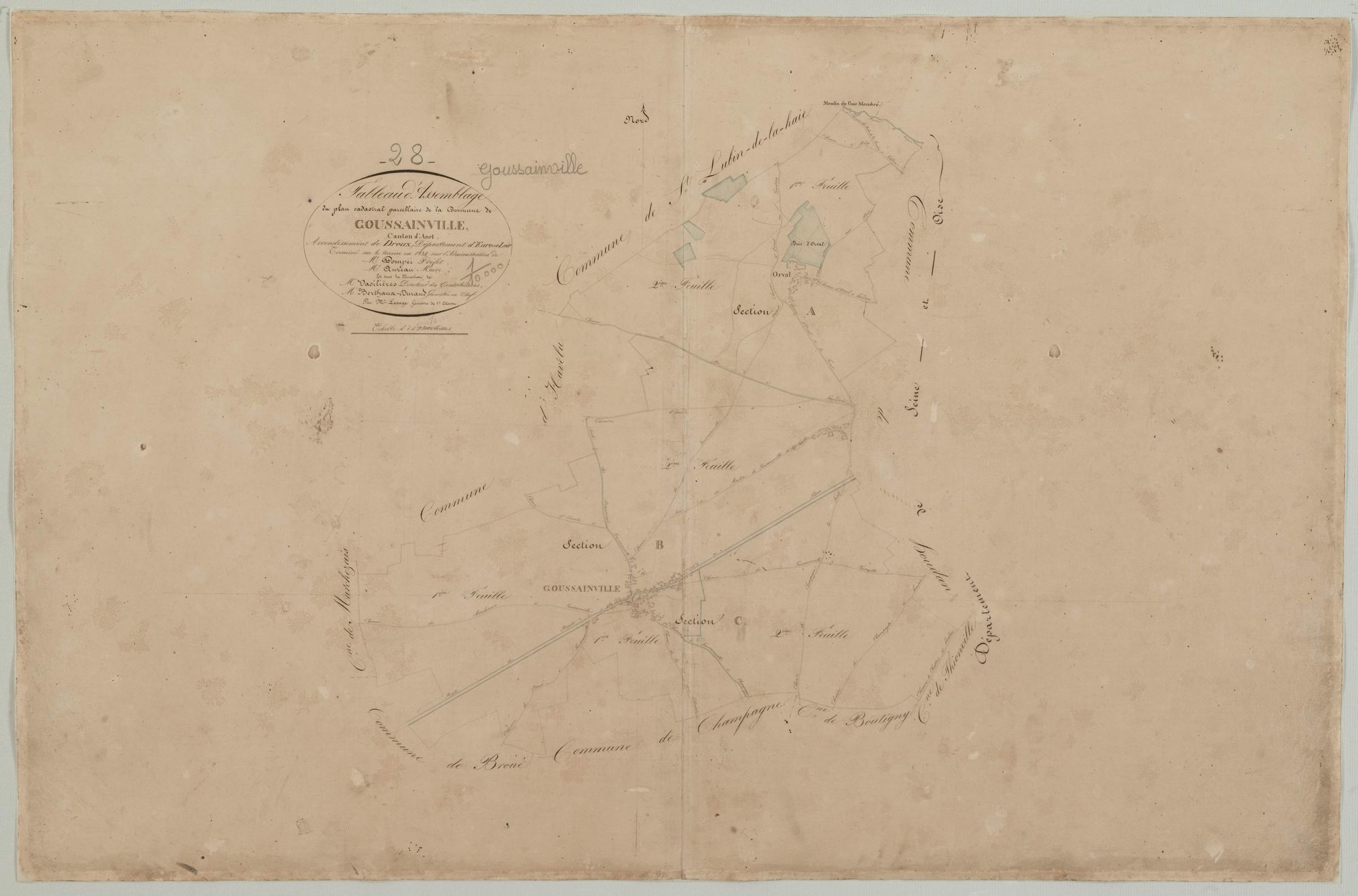 Tableau d'assemblage du plan cadastral parcellaire de la commune de Goussainville, Canton d'Anet, Arrondissement de Dreux / Terminé sur le terrain en 1834 (...) par Monsieur Lesage, Géomètre de 1ère classe.