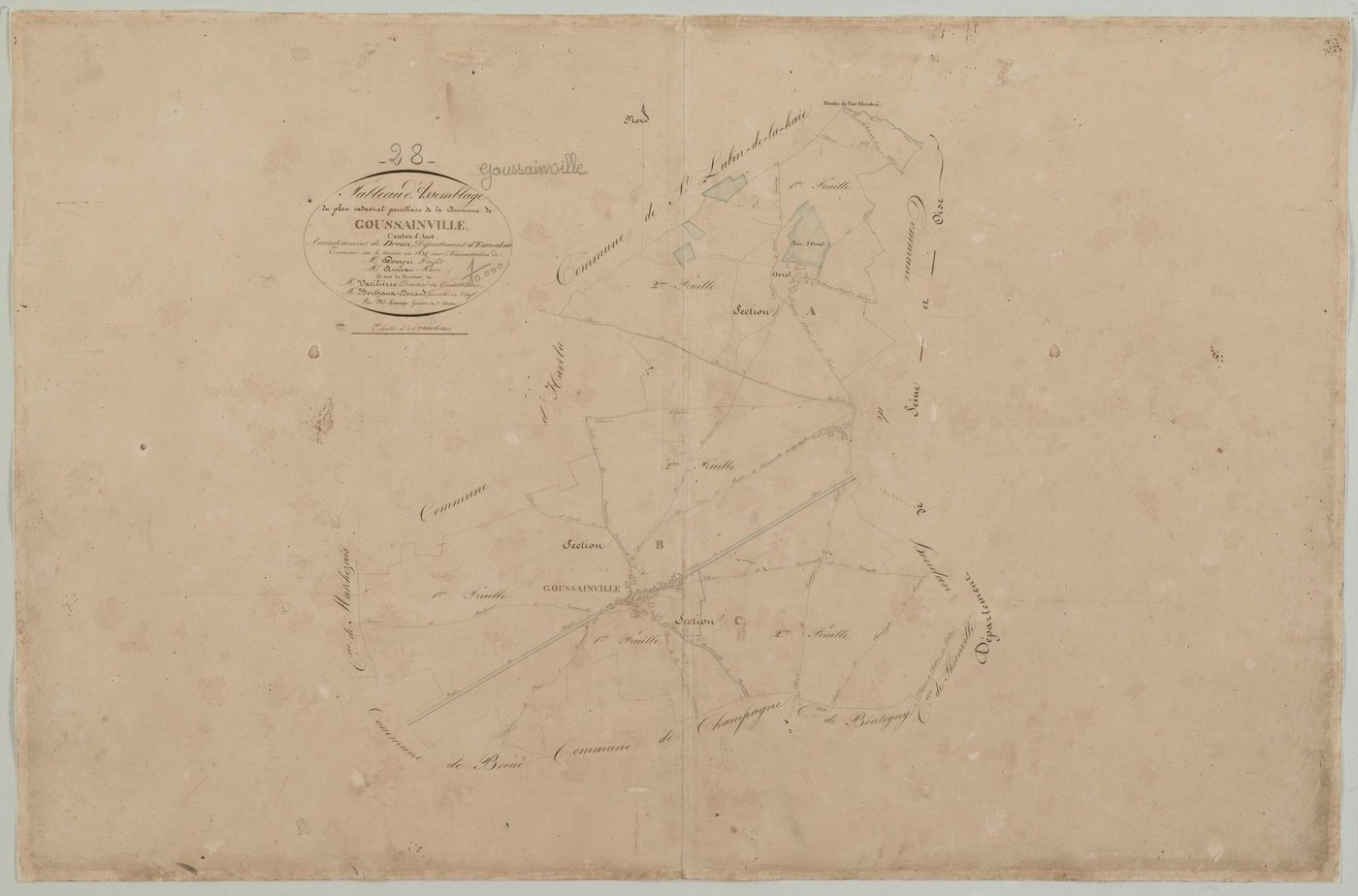 Tableau d'assemblage du plan cadastral parcellaire de la commune de Goussainville, Canton d'Anet, Arrondissement de Dreux / Terminé sur le terrain en 1834 (...) par Monsieur Lesage, Géomètre de 1ère classe.