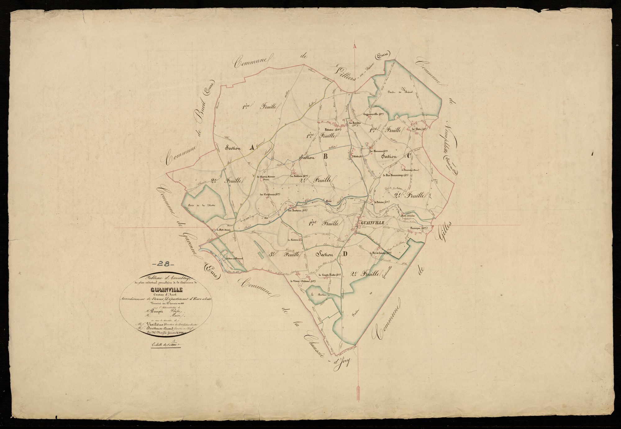 Tableau d'assemblage du plan cadastral parcellaire de la commune de Guainville, Canton d'Anet, Arrondissement de Dreux / Terminé sur le terrain en 1833 (...) par Monsieur Moufle, Géomètre de 1ère classe.