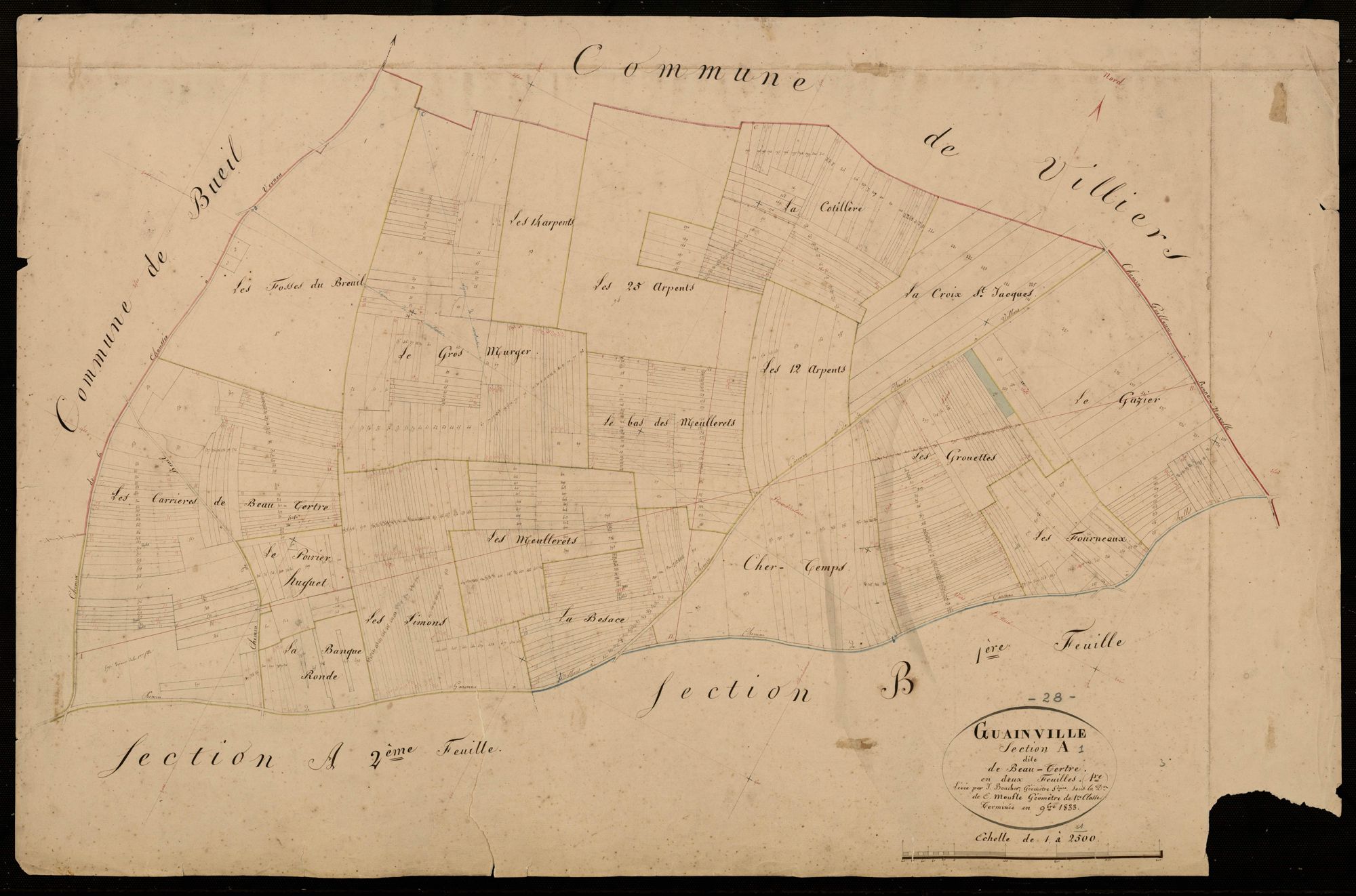 Section A, le Beau-Tertre, feuille 1 / Terminée par Monsieur Boucher, Géomètre secondaire ; Monsieur Moufle, Géomètre de 1ère classe.