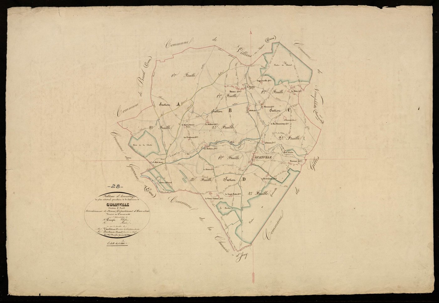 Tableau d'assemblage du plan cadastral parcellaire de la commune de Guainville, Canton d'Anet, Arrondissement de Dreux / Terminé sur le terrain en 1833 (...) par Monsieur Moufle, Géomètre de 1ère classe.