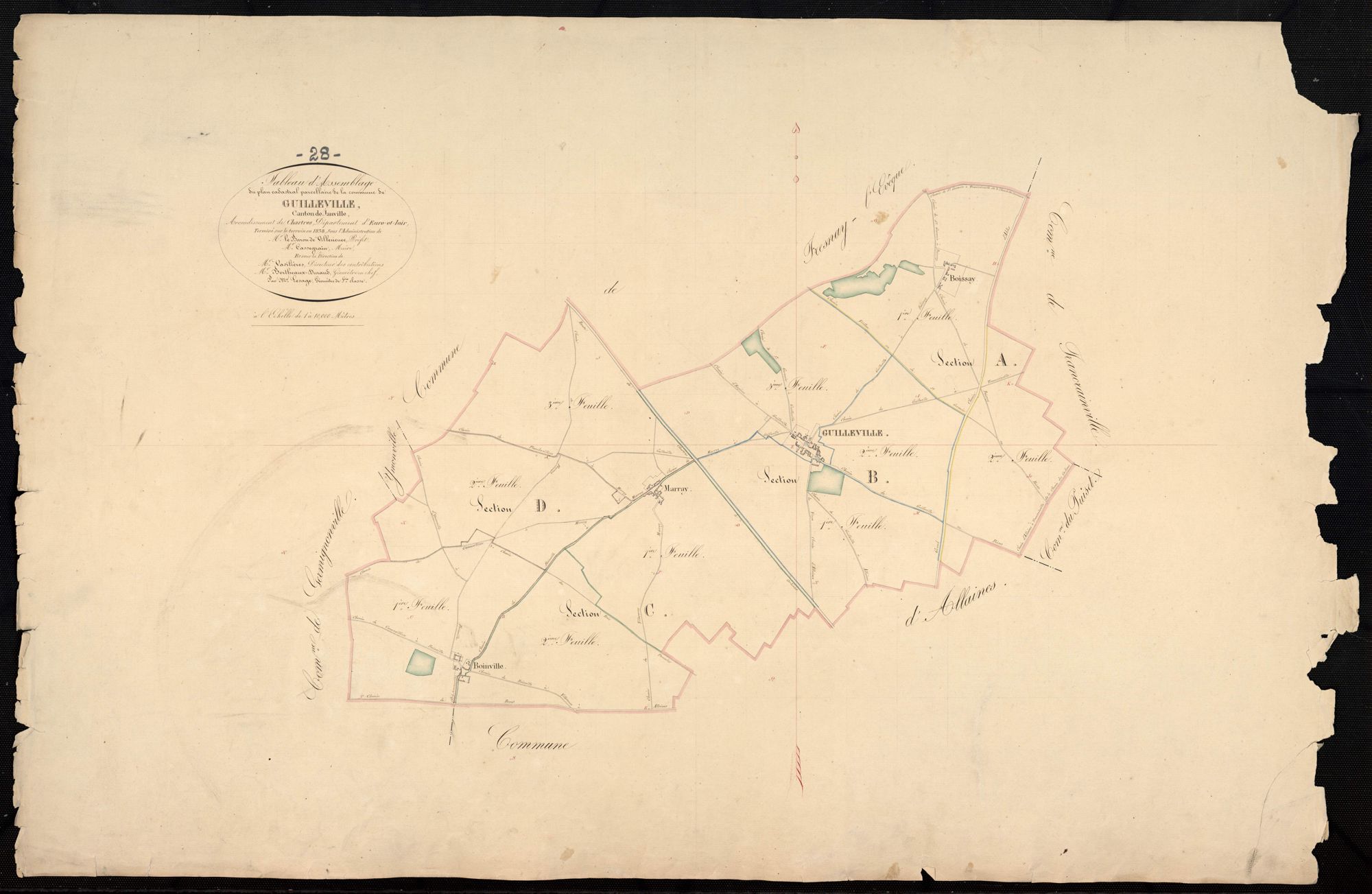 Tableau d'assemblage du plan cadastral parcellaire de la commune de Guilleville, Canton de Janville, Arrondissement de Chartres / Terminé sur le terrain en 1838 (...) par Monsieur Lesage, Géomètre de 1ère classe.