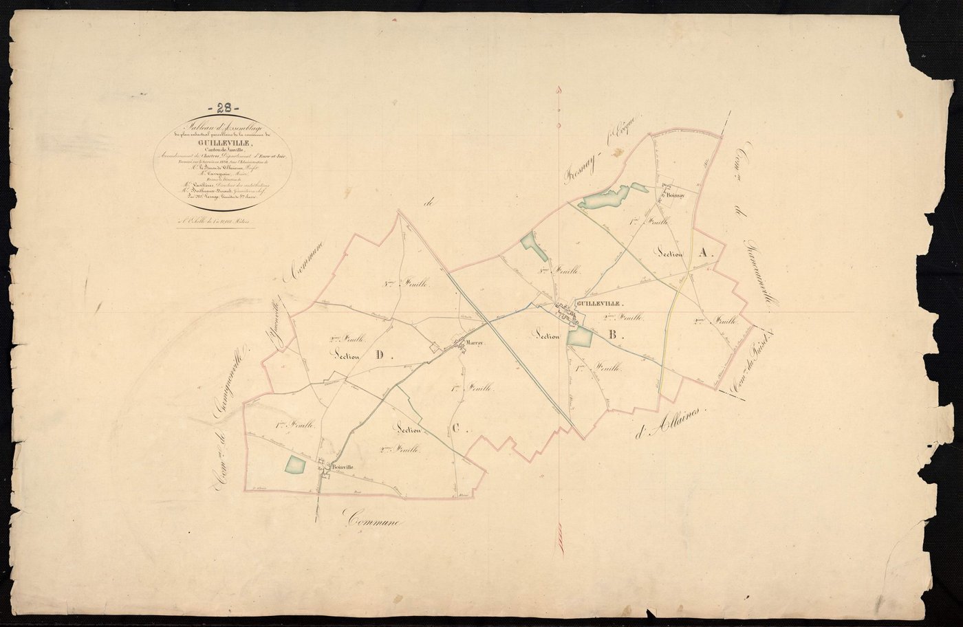 Tableau d'assemblage du plan cadastral parcellaire de la commune de Guilleville, Canton de Janville, Arrondissement de Chartres / Terminé sur le terrain en 1838 (...) par Monsieur Lesage, Géomètre de 1ère classe.