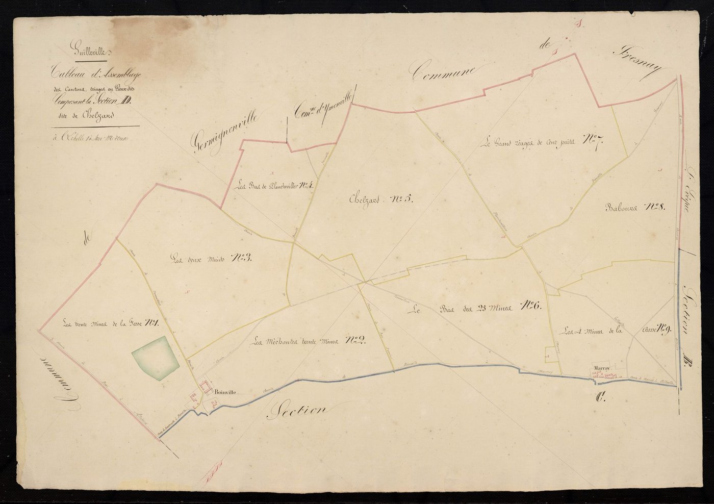 Tableau d'assemblage des cantons, triages, ou lieux-dits composant la section D, Chelzard.