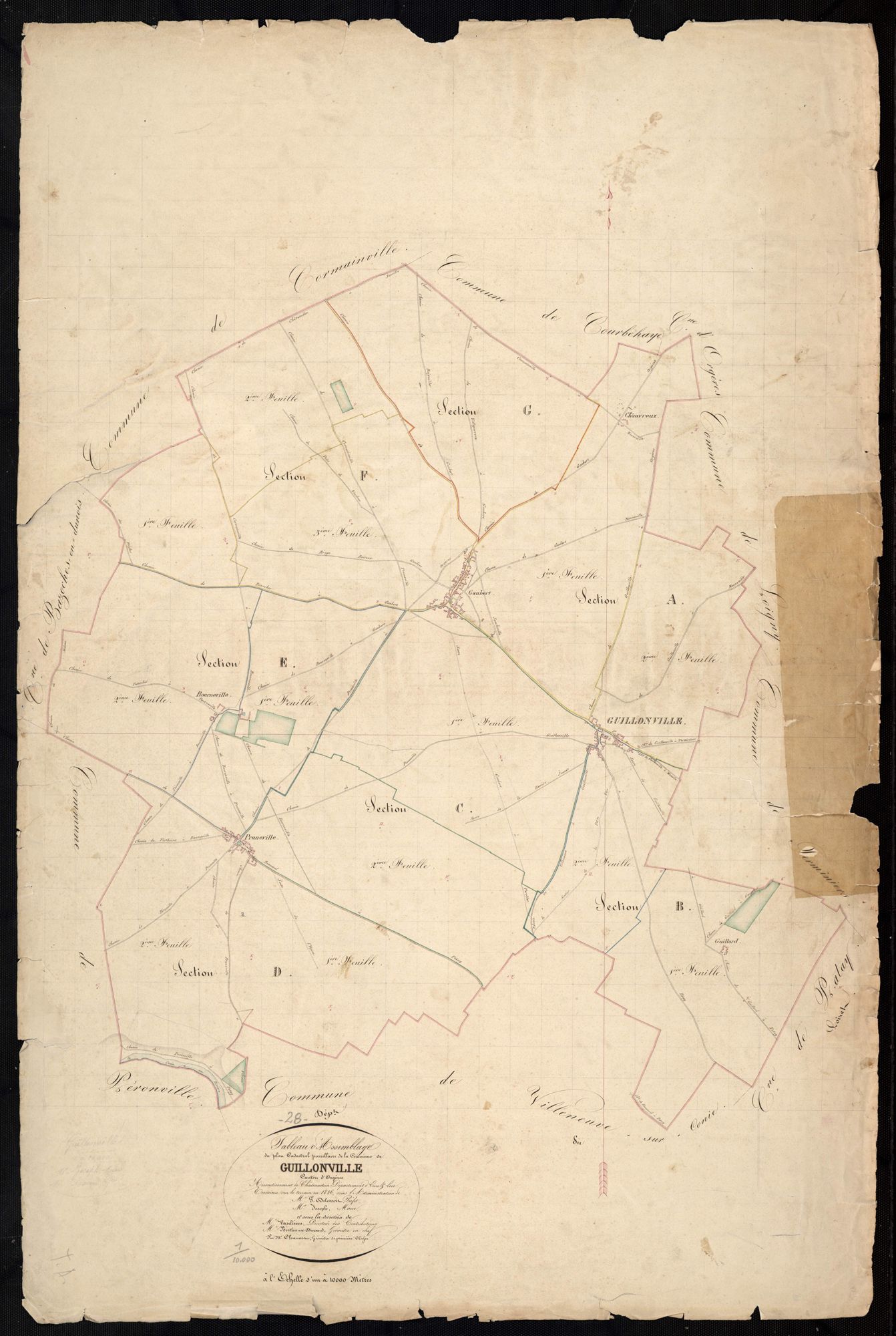 Tableau d'assemblage du plan cadastral parcellaire de la commune de Guillonville, Canton d'Orgères, Arrondissement de Châteaudun / Terminé en 1836 (...) par Monsieur Chauveau, Géomètre de 1ère classe.