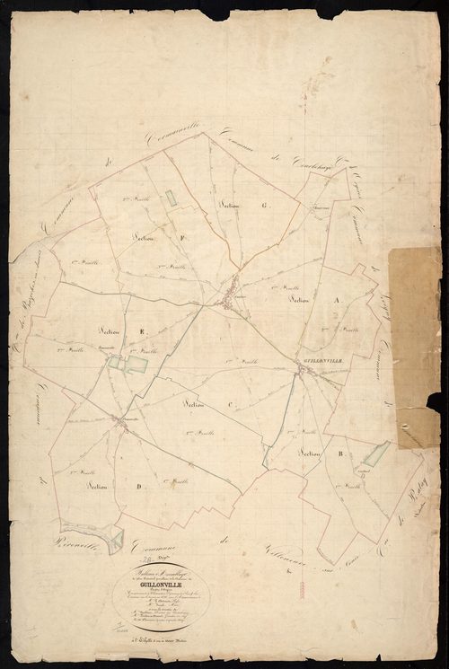 Tableau d'assemblage du plan cadastral parcellaire de la commune de Guillonville, Canton d'Orgères, Arrondissement de Châteaudun / Terminé en 1836 (...) par Monsieur Chauveau, Géomètre de 1ère classe.