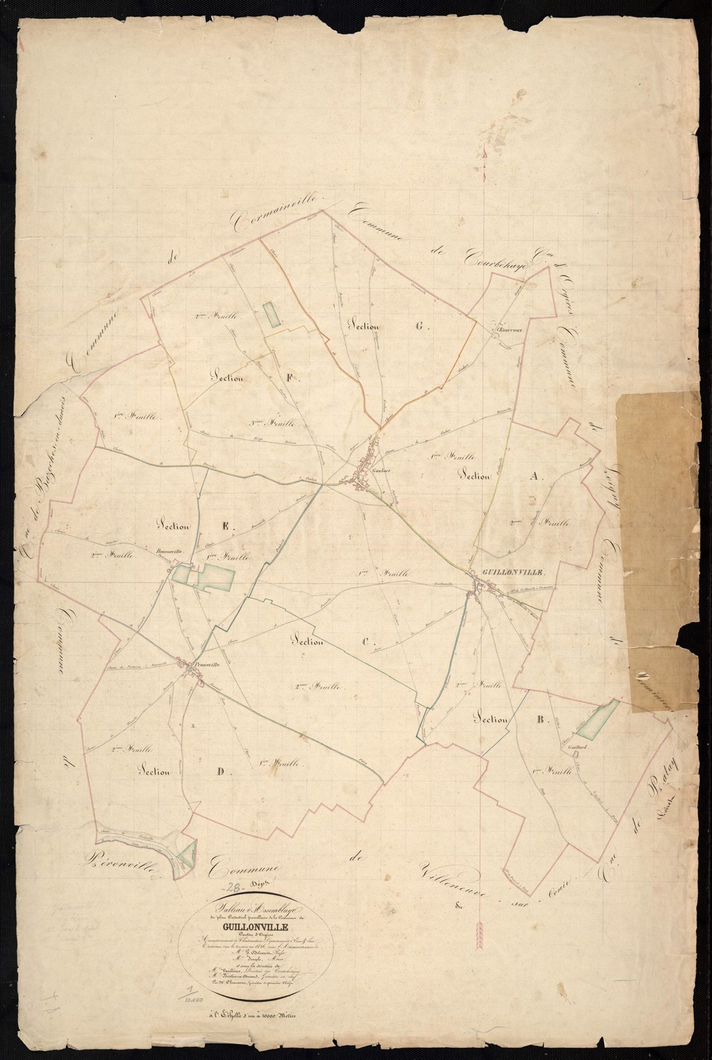 Tableau d'assemblage du plan cadastral parcellaire de la commune de Guillonville, Canton d'Orgères, Arrondissement de Châteaudun / Terminé en 1836 (...) par Monsieur Chauveau, Géomètre de 1ère classe.