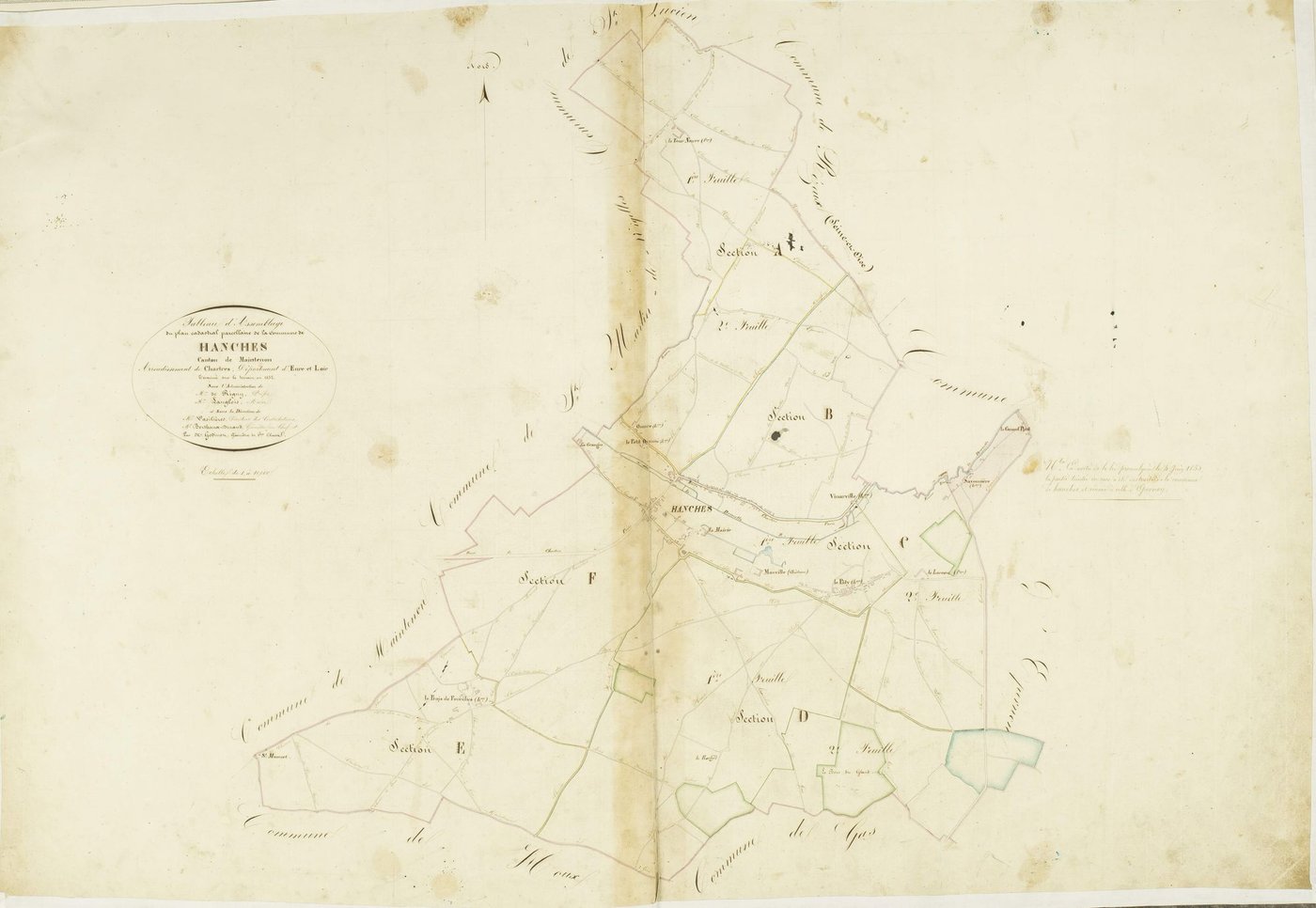 Tableau d'assemblage du plan cadastral parcellaire de la commune de Hanches, Canton de Maintenon, Arrondissement de Chartres / Terminé sur le terrain en 1832 (...) par M. Godinet, géomètre de 1ère classe.