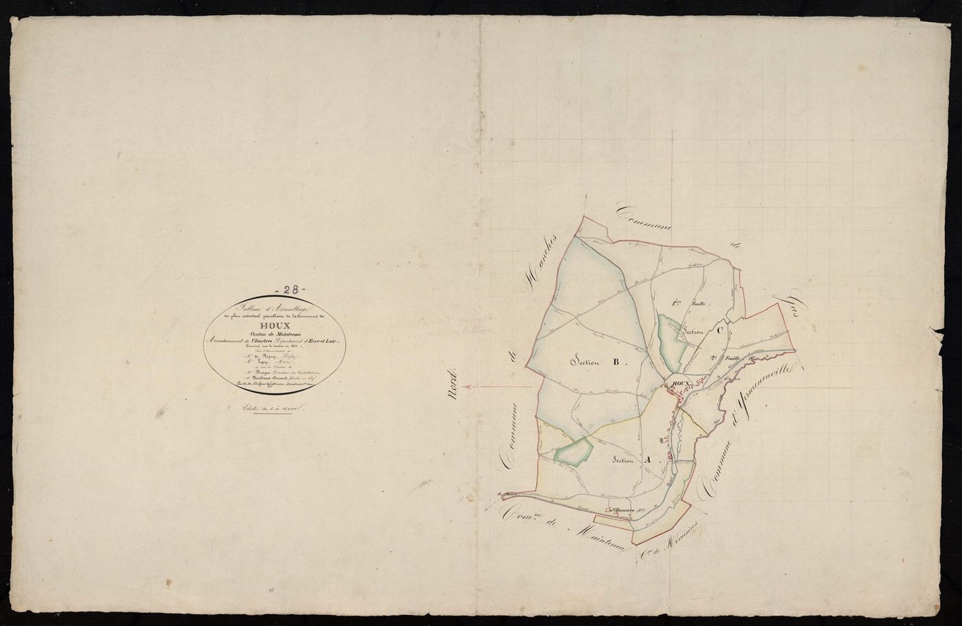 Tableau d'assemblage du plan cadastral parcellaire de la commune de Houx, Canton de Maintenon, Arrondissement de Chartres / Terminé sur le terrain en 1831 (...) par Messieurs Dufour et Godinet, Géomètres de 1ère classe.