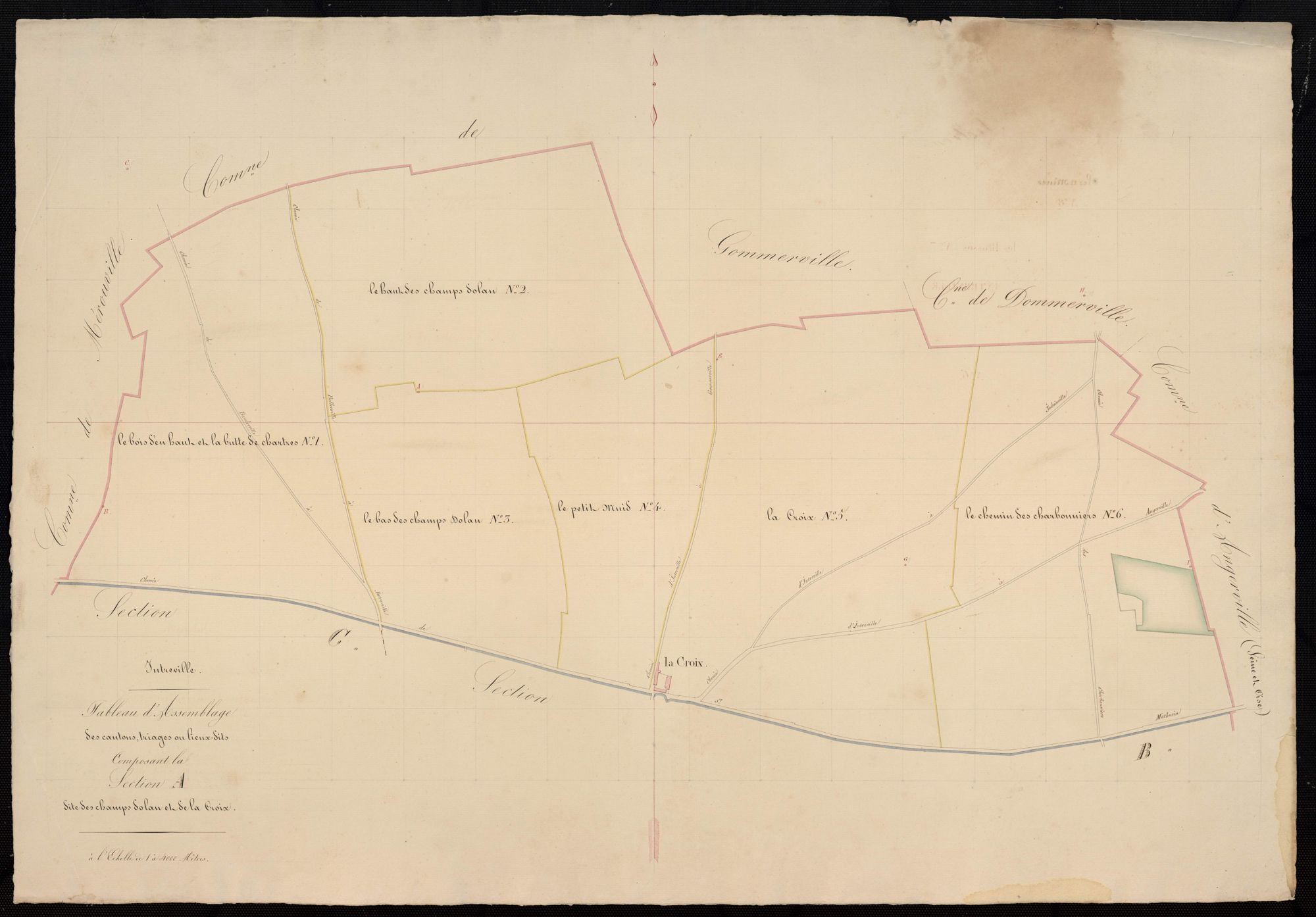Tableau d'assemblage des cantons, triages ou lieux-dits composant la section A, les Champs Dolan et la Croix.