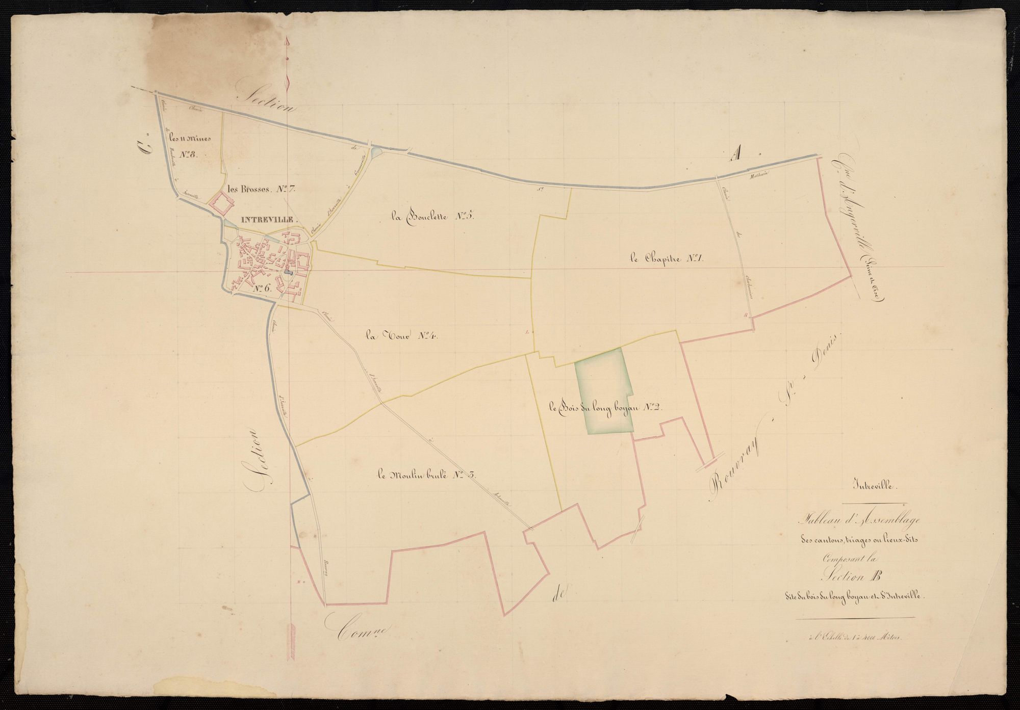 Tableau d'assemblage des cantons, triages ou lieux-dits composant la section B, le Bois du Long Boyau et Intréville.
