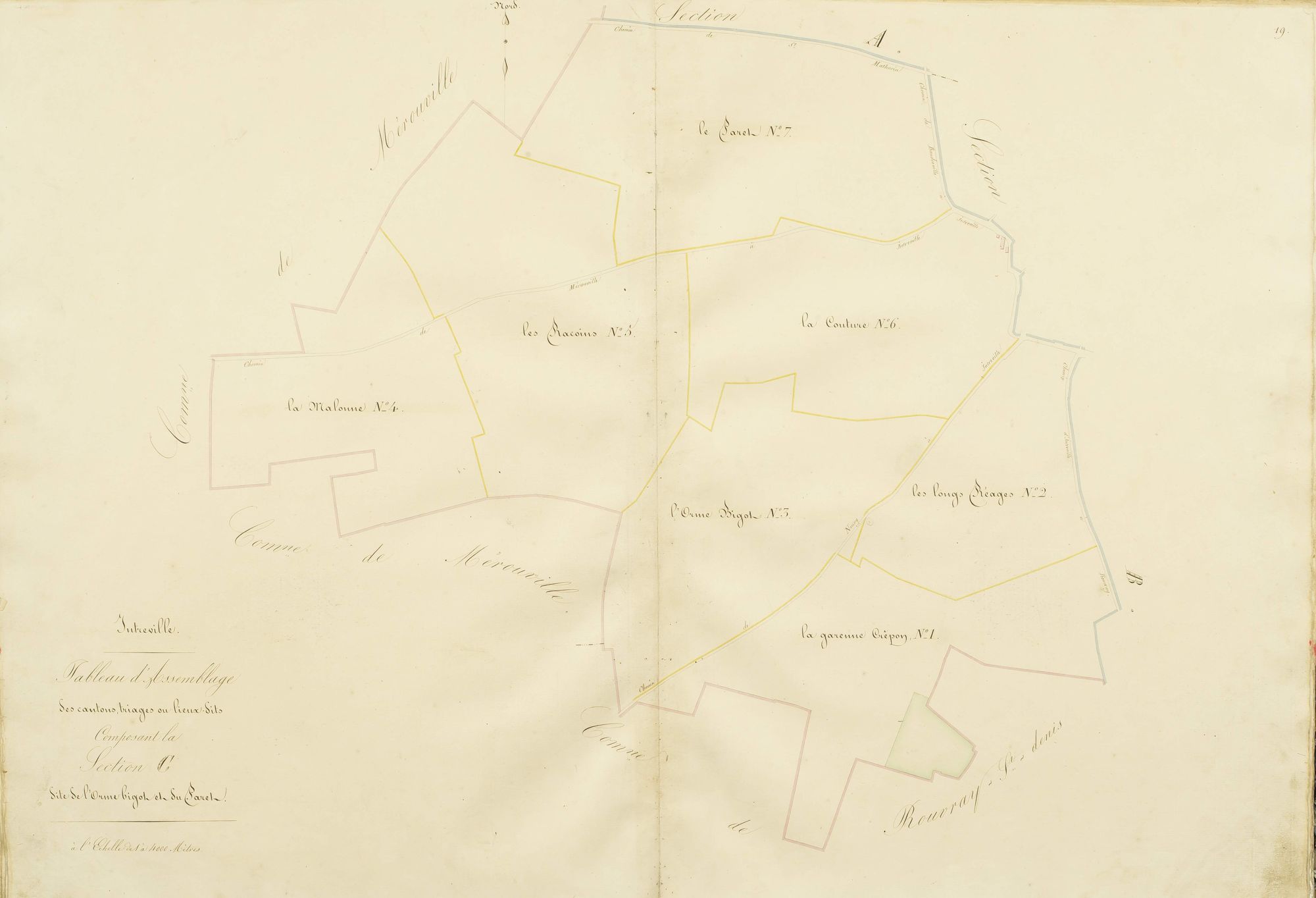Tableau d'assemblage des cantons, triages et lieux-dits composant la section C, l'Orme Bigot et le Paret.