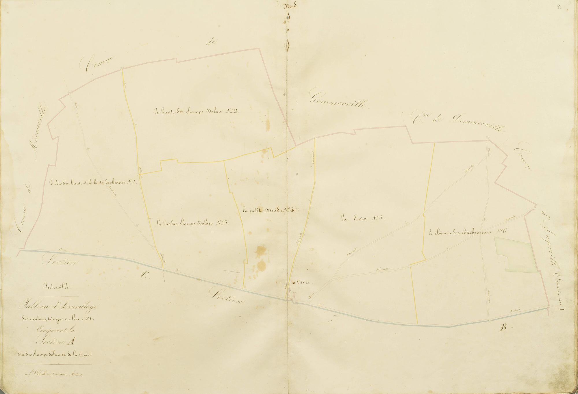 Tableau d'assemblage des cantons, triages et lieux-dits composant la section A, les Champs Dolan et la Croix.