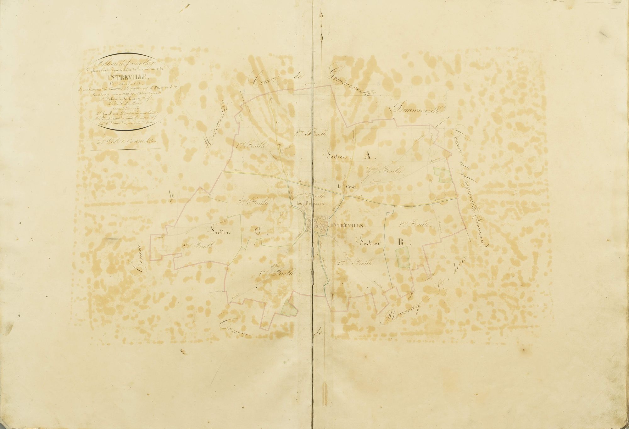 Tableau d'assemblage du plan cadastral parcellaire de la commune d'Intréville, Canton de Janville, Arrondissement de Chartres / Terminé sur le terrain en 1839 (...) par M. Demoulin, géomètre de 1ère classe.