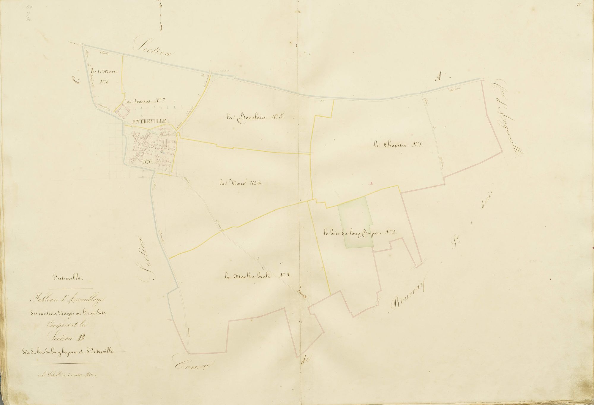 Tableau d'assemblage des cantons, triages et lieux-dits composant la section B, le Bois du Long Boyau et Intréville.