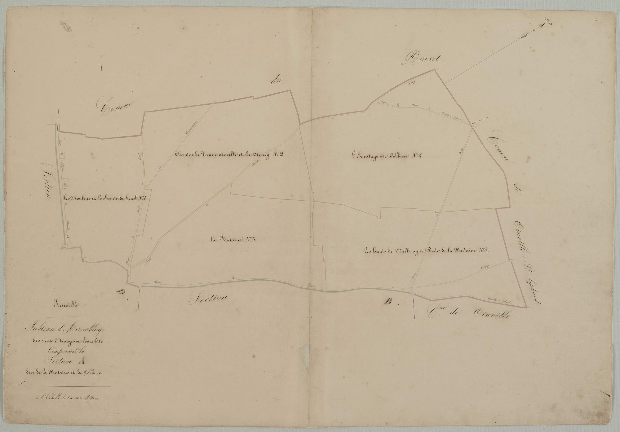 Tableau d'assemblage des cantons, triages et lieux-dits composant la section A, la Fontaine et Coblure.
