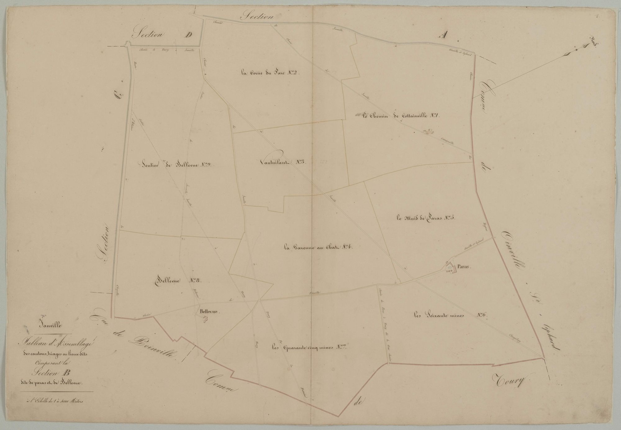 Tableau d'assemblagedes cantons, triages ou lieux-dits composant la section B, Paras et Bellevue.