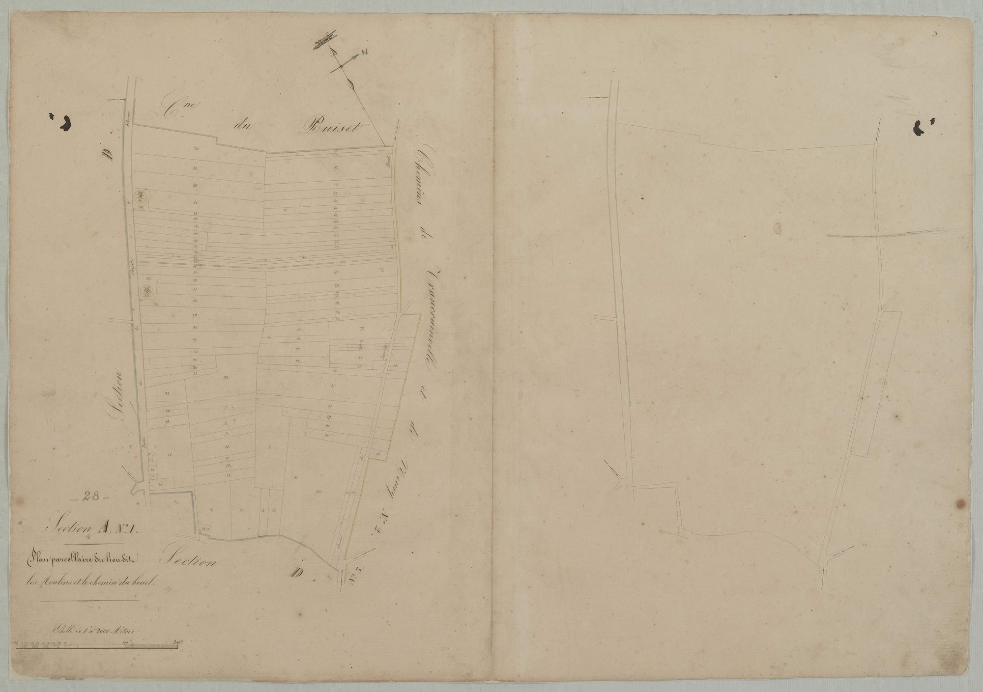 Section A, feuille 1, les Moulins et le Chemin du Bouel.