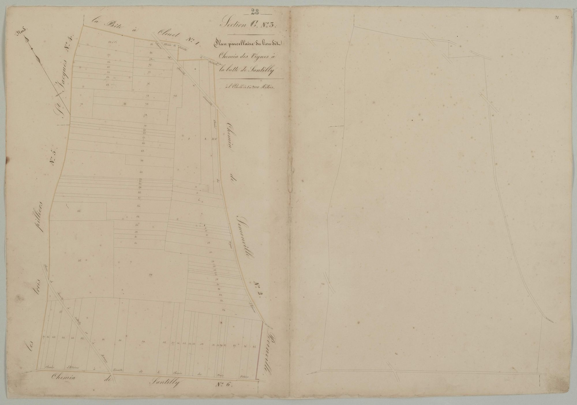Section C, feuille 3, Chemin des Vignes et la Butte de Santilly.