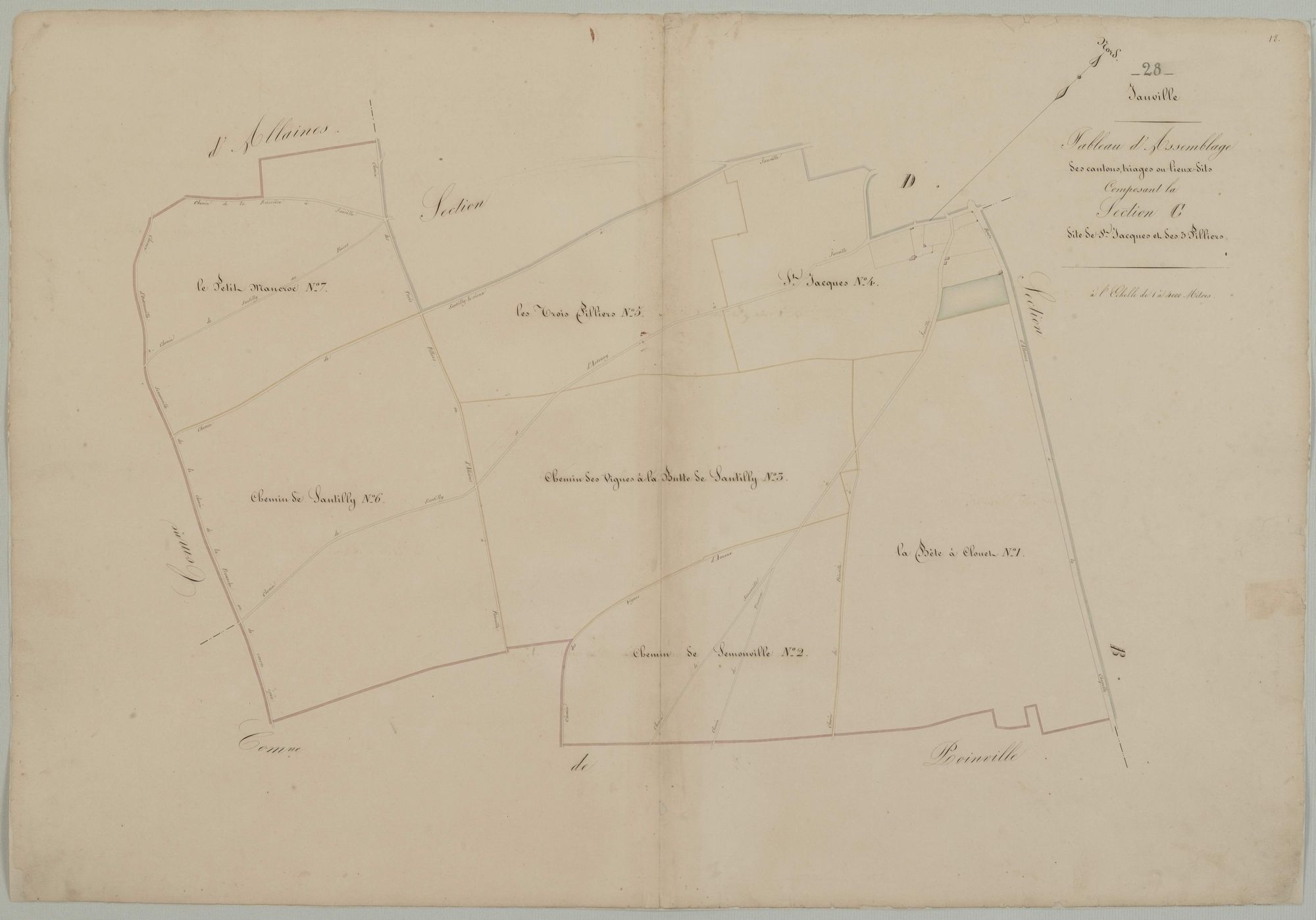 Tableau d'assemblage des cantons, triages et lieux-dits composant la section C, Saint-Jacques et les Trois Piliers.