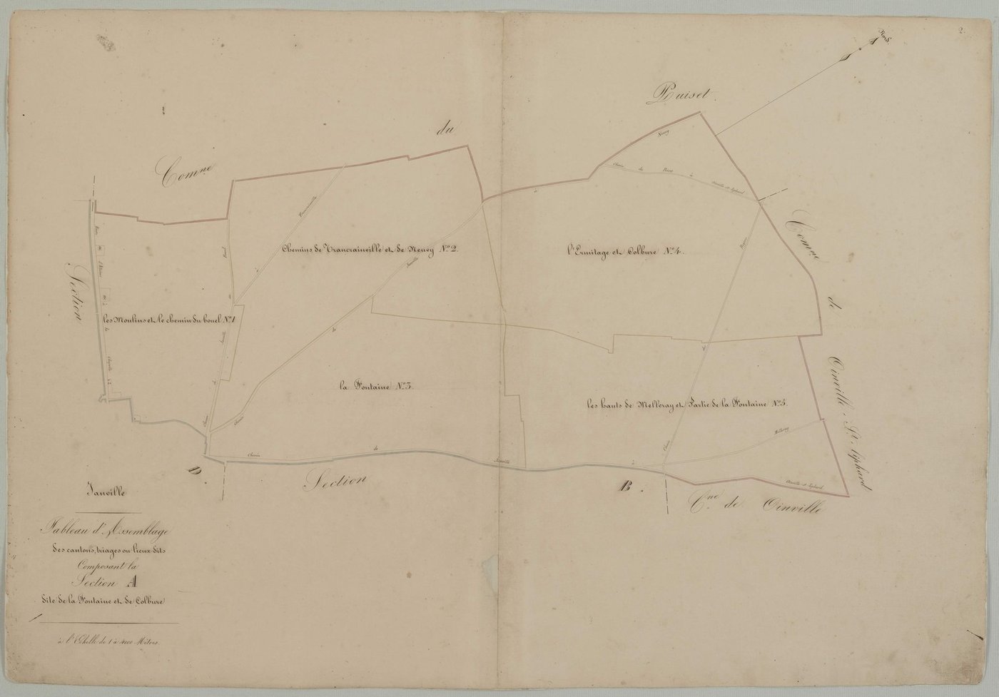 Tableau d'assemblage des cantons, triages et lieux-dits composant la section A, la Fontaine et Coblure.