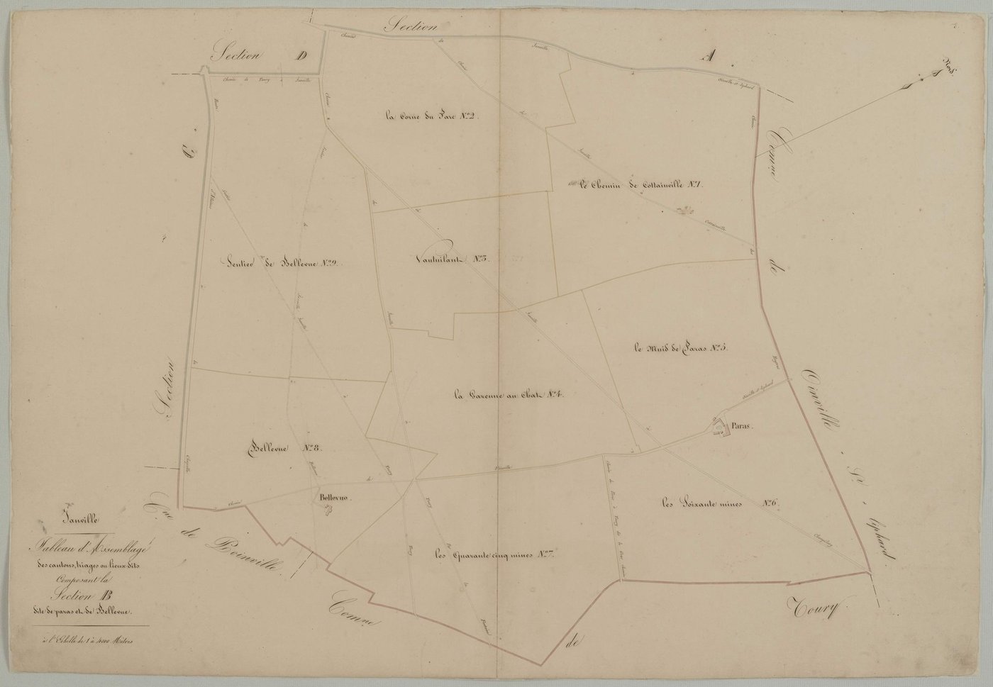 Tableau d'assemblagedes cantons, triages ou lieux-dits composant la section B, Paras et Bellevue.
