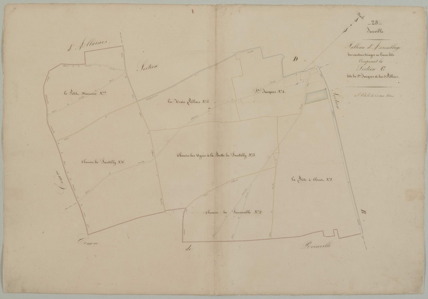 Tableau d'assemblage des cantons, triages et lieux-dits composant la section C, Saint-Jacques et les Trois Piliers.