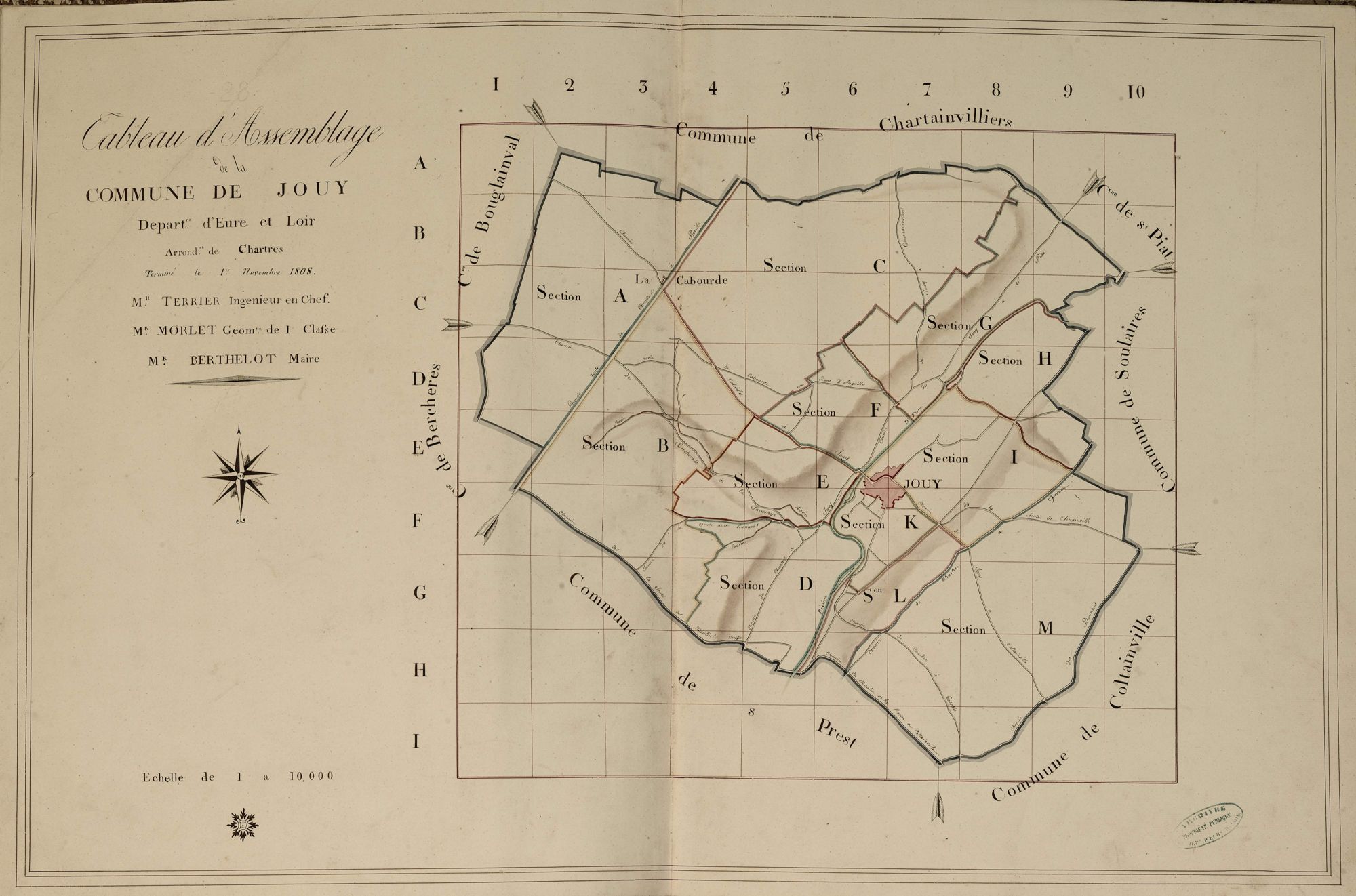 Tableau d'assemblage du plan parcellaire de la commune de Jouy, Canton de Maintenon, Arrondissement de Chartres / Terminé sur le terrain le 1er novembre 1808 (...) par Monsieur Morlet, Géomètre de 1ère classe.