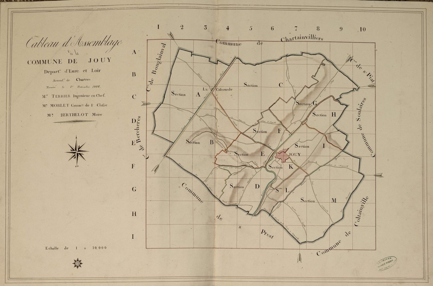 Tableau d'assemblage du plan parcellaire de la commune de Jouy, Canton de Maintenon, Arrondissement de Chartres / Terminé sur le terrain le 1er novembre 1808 (...) par Monsieur Morlet, Géomètre de 1ère classe.